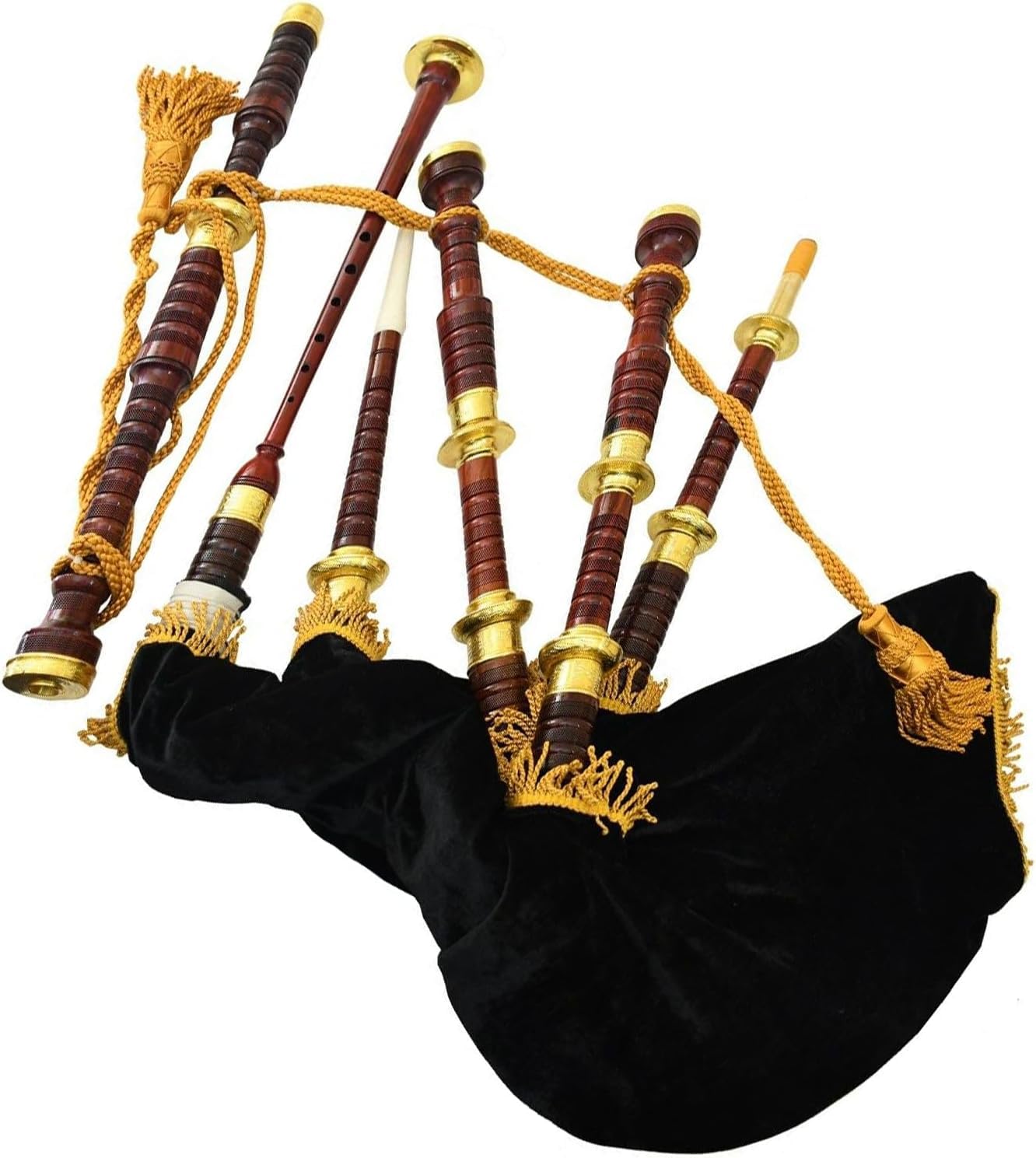 Scottish Highland Bagpipes – Golden Engraved Brass Mounts, Black Velvet Cover, Traditional Musical Instrument, Free Hard Case for Storage & Travel