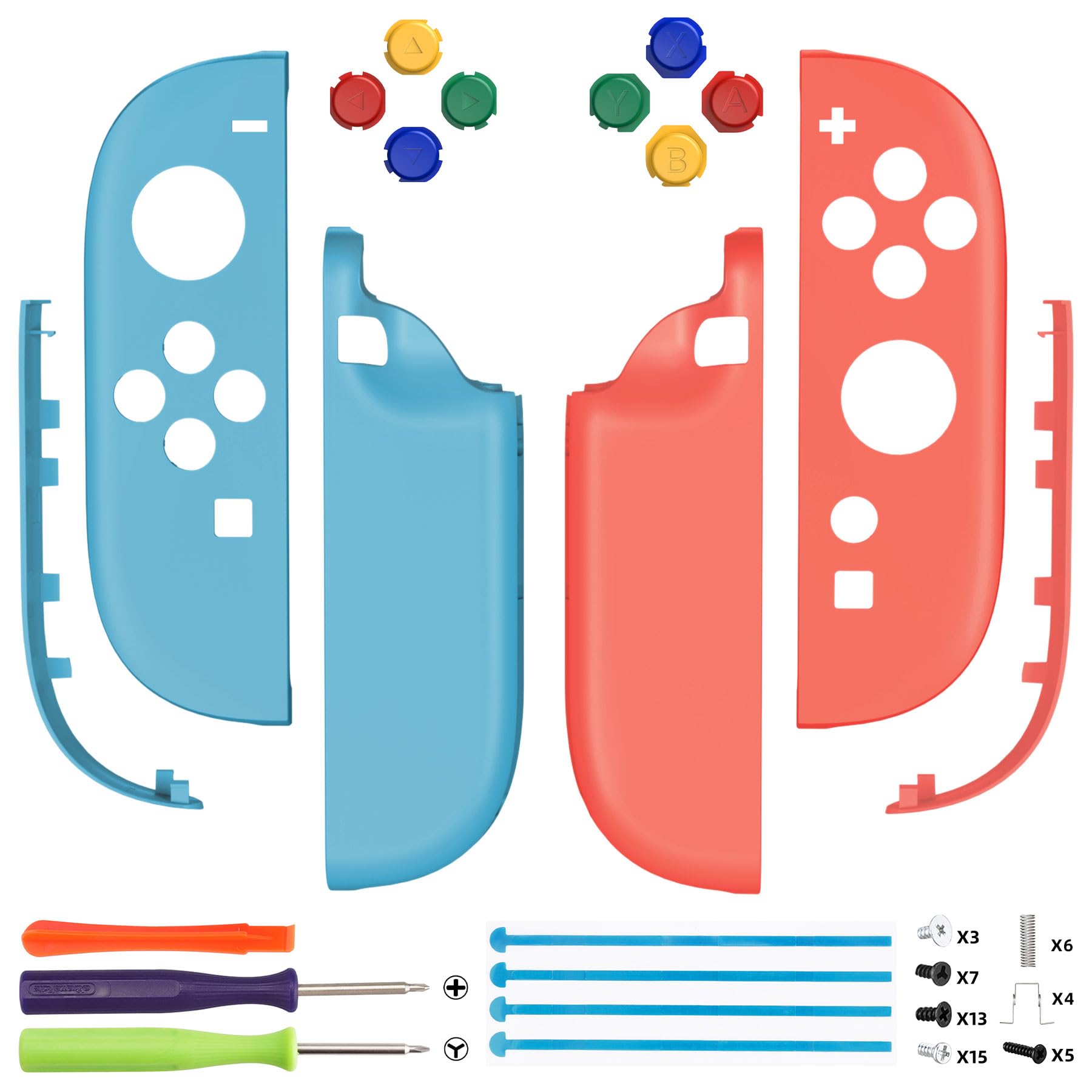 eXtremeRate Ersatz Case & Buttons Set für Switch 2 Joycons, Essence Version DIY-Faceplate/Back Cover/Griff Deko Streifen/ABXY D-Pad-Tasten Zubehör für Nintendo Switch 2 Joy Con-Blau&Orange