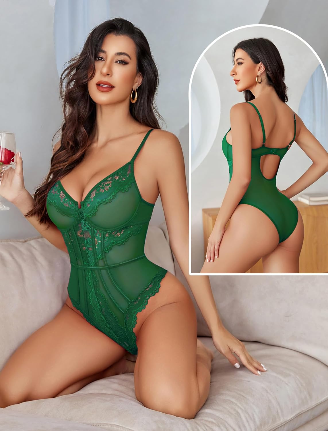 Avidlove Women Sexy Lingerie Sheer Lace Bodysuit V Neck Teddy Lingerie One Piece Mini Babydoll - Image 3