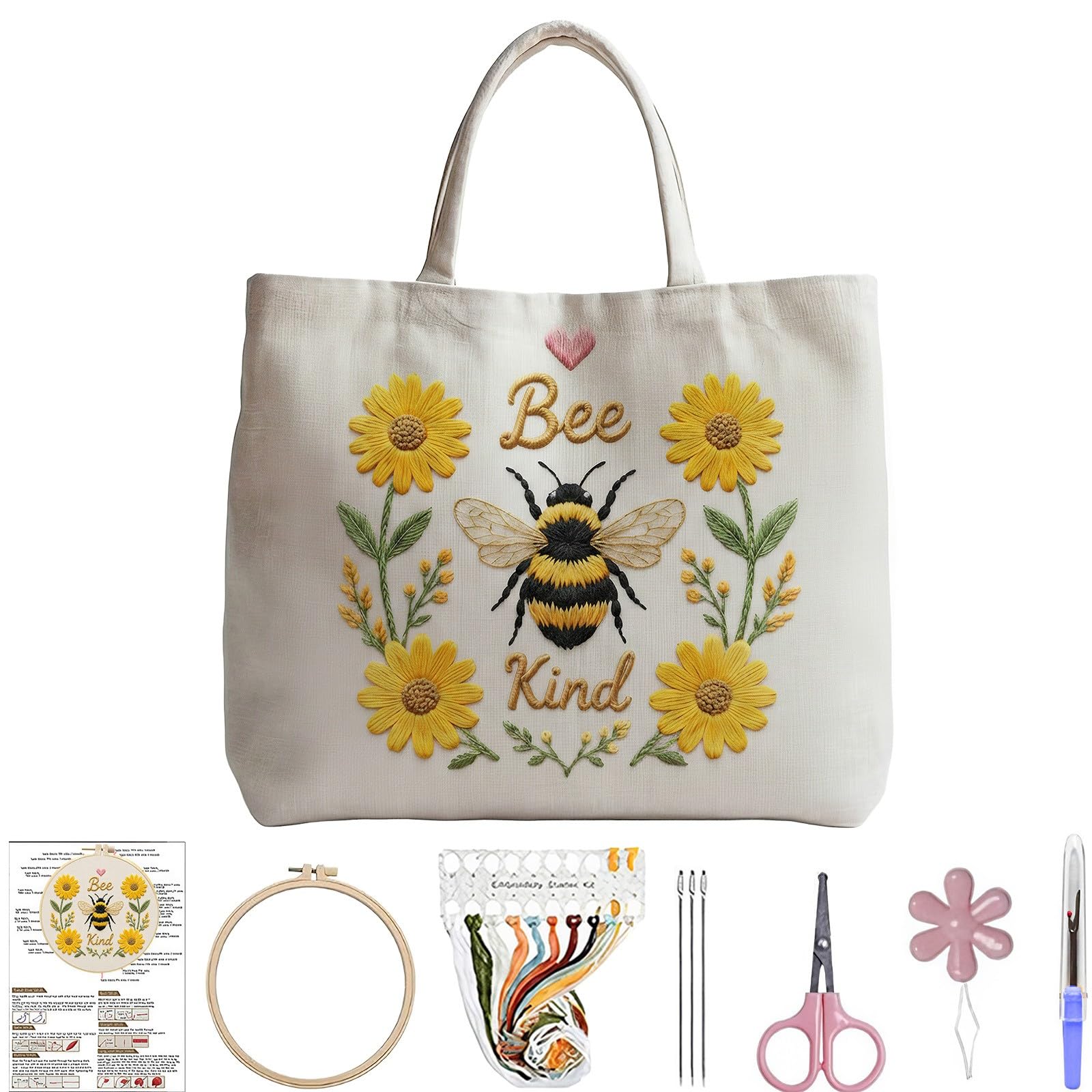 Lebartm Embroidery Tote Bag Kit for Beginners Adults DIY Canvas Shoulder Bag with Floral Patterns and All Stitching Tools Reusable Grocery-Bag for Women-Bee