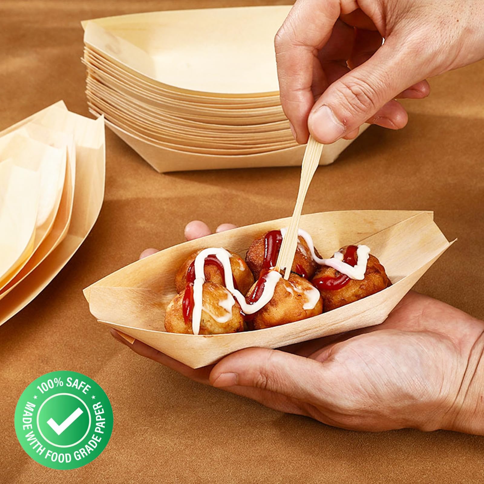 100x Holz-Fingerfood-Schalen – 110x70 Mm, Bootsförmig, Kompostierbar