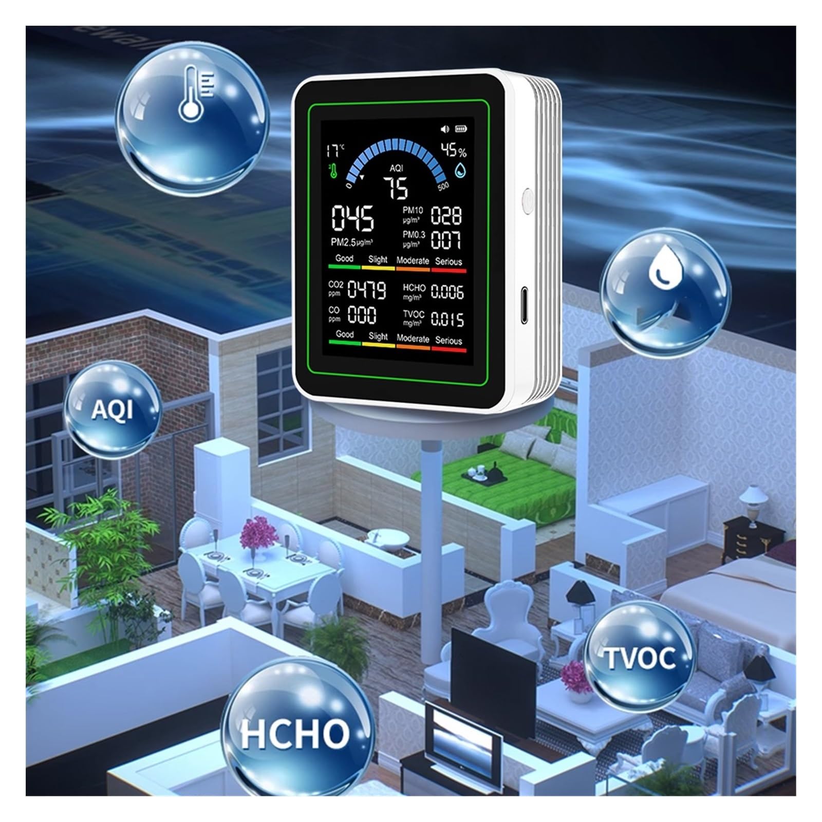Air Quality Monitor, Monitor A Qualità 'aria 10 IN 1 Tester CO2 CO TVOC HCHO PM Rilevatore Di Formaldeide Misuratore Umidità A Temperatura Con TFT Da 2,8 Pollici(Black)