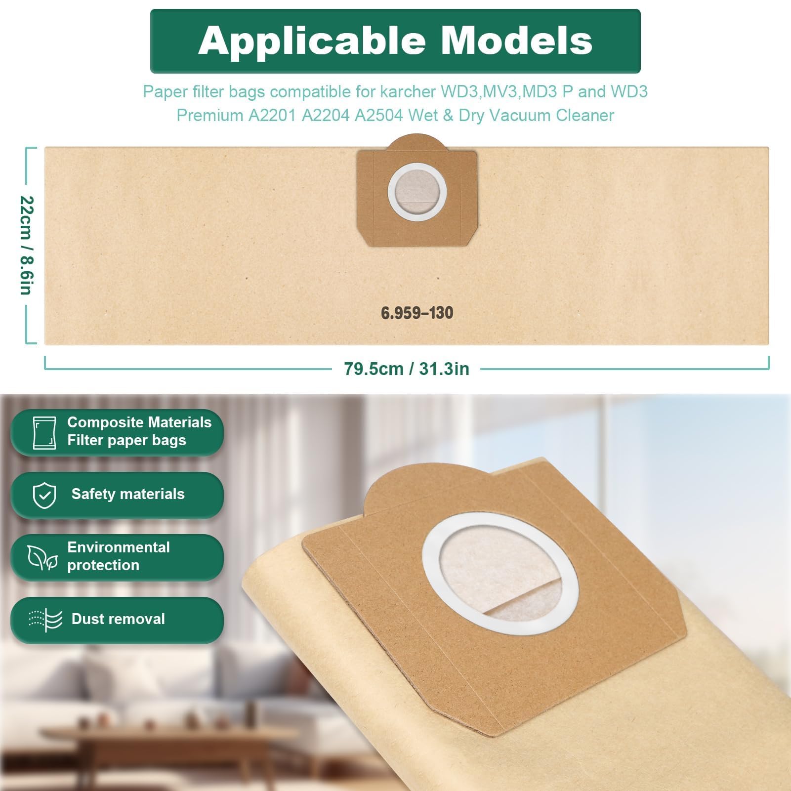 Plutoos WD3 Sacchetto Per Aspirapolvere Per Karcher 6.959-130.0 Sacchetti Filtro In Carta Sacchetto 1629 - Foto 6