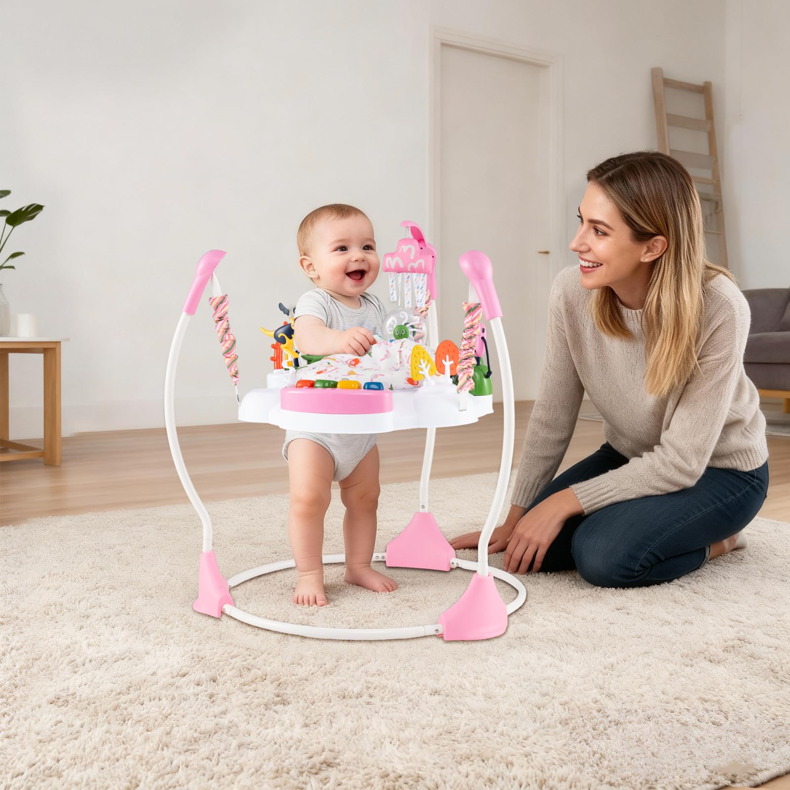 GYMAX Baby Jumpers & Bouncers, Interactive Baby Jumperoo Activity Center with 360° Rotary Seat, 3 Adjustable Heights, Music, Lights, Interactive Toys, Toddler Bouncer for 6 Months+ (Pink) — view 9