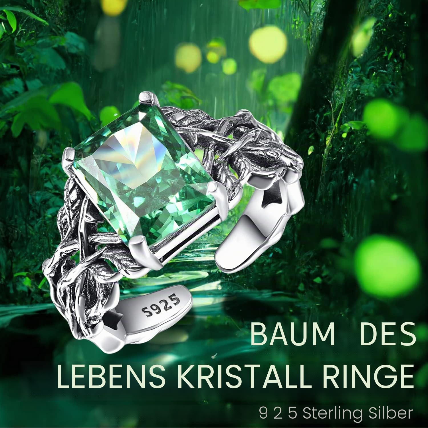 TANGPOET Damen Lebensbaum Ring Silber 925 Baum des Lebens Ring Verstellbar Kristall Schmuck Baum des Lebens Geschenke für Frauen Mädchen