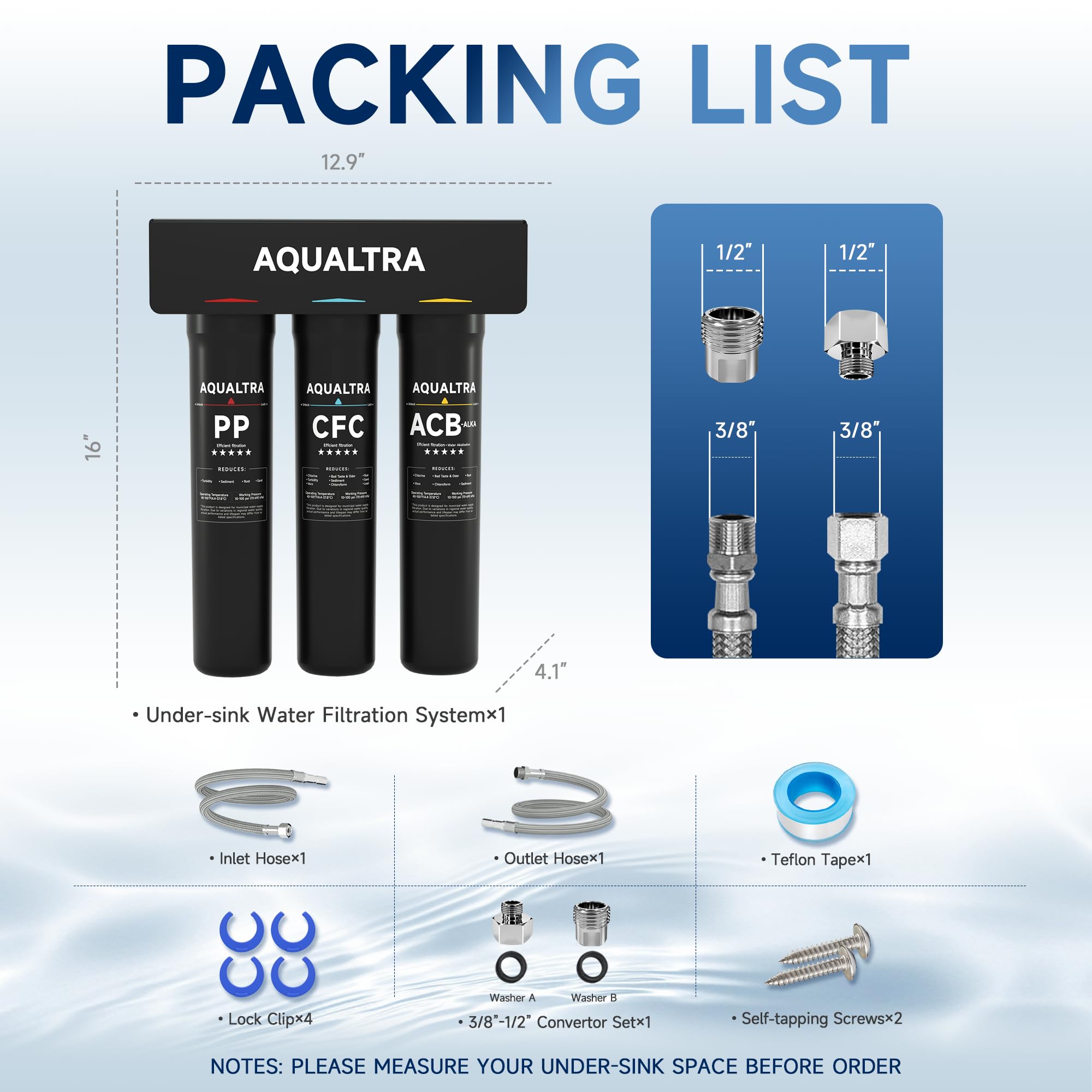 AQUALTRA USF-3B-15 Sistema de filtro bajo fregadero ligeramente alcalino, 30000–151000 L, reduce PFOA, PFOS, cloro, plomo, mercurio, cloramina, fluoruro, partículas de microplásticos, mal sabor y olor