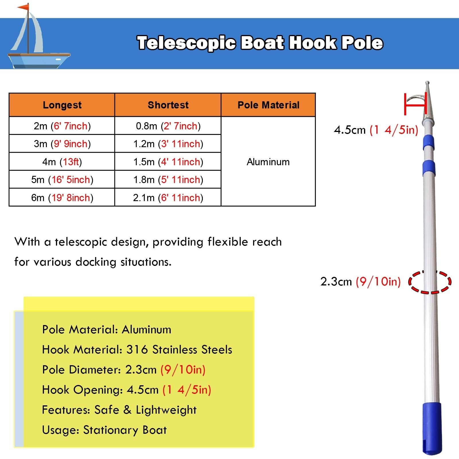 Poste telescópico salvavidas de 6 m, gancho de aluminio para rescate de seguridad en piscina, equipo de prevención de ahogamientos, herramienta de emergencia acuática