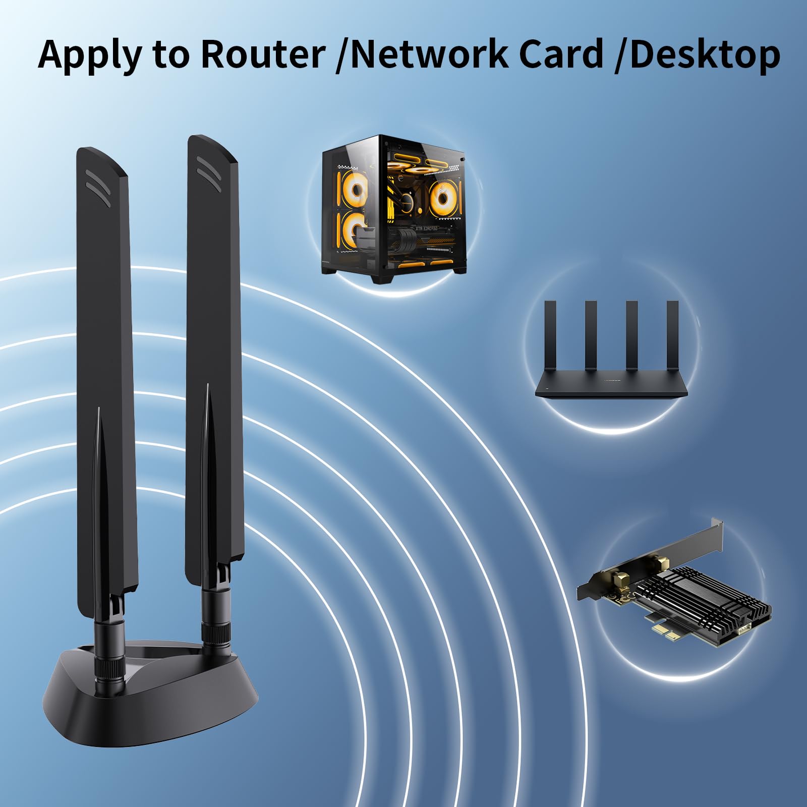 QFly Antena WiFi 6e Tri-Band 6GHz/5GHz/2.4GHz RP-SMA Antenas Wi-Fi con base magnética y cable de extensión de 6.5 pies para PC de escritorio PCIE adaptador de tarjeta inalámbrico router