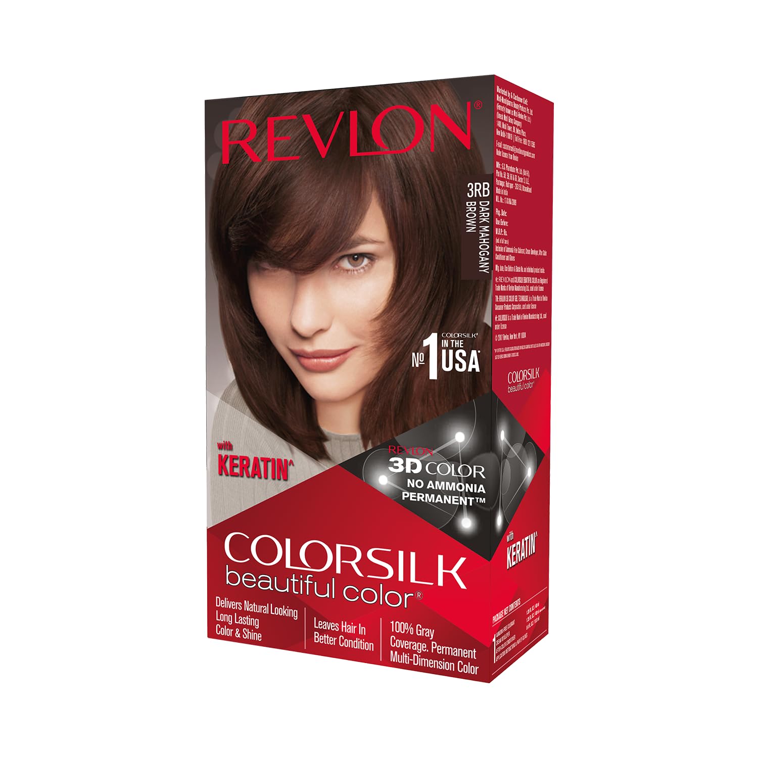 ColorSilk Permanent Hair Color For Women, Salon Perfect Hair Colour at Home with 100% Grey Coverage | Pro-Keratin & No Ammonia | Up to 8 Weeks of Colour | Shade - Mahogany Brown 3RB (Pack of 1)