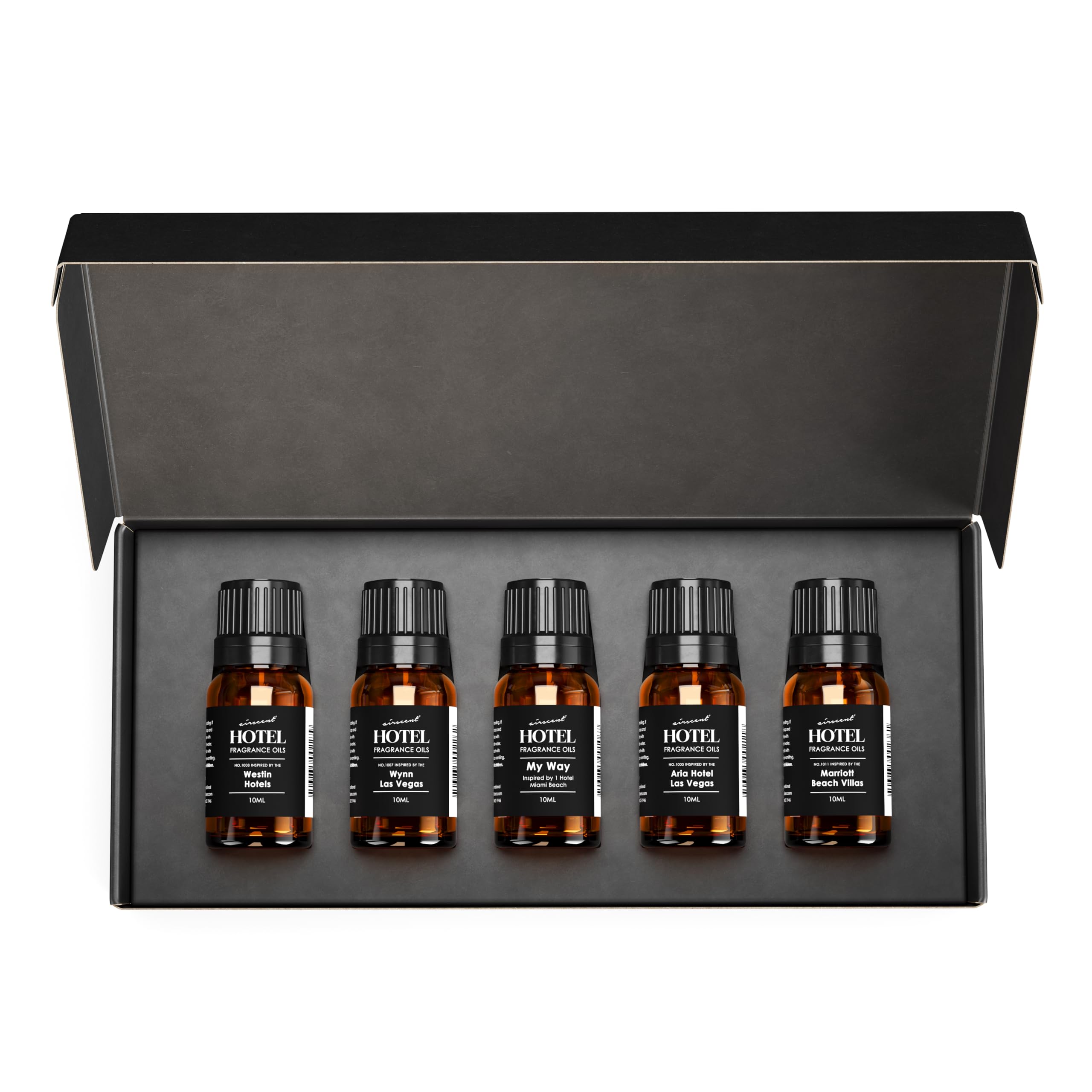 AirScent Hotel Diffuser Oil Gift Set - Inspired by The Most Popular 5-Star Hotel Scents - 10 mL, 0.34 fl oz Fragrance Oil Set - My Way, Westin, Wynn Las Vegas, Aria, Marriott Beach Villas