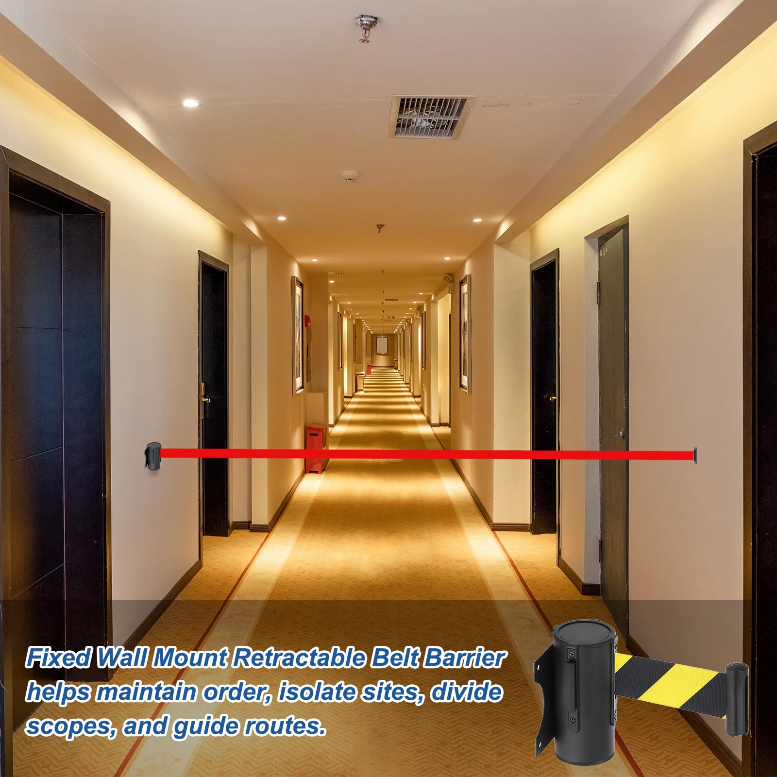 QUARKZMAN Soporte Pared Fijo Con Barrera Retráctil Cinta 9.84 Pies Cintas Retráctiles Para Control Multitudes Cola Cinta Diagonal Negro Y Amarillo Paquete 4