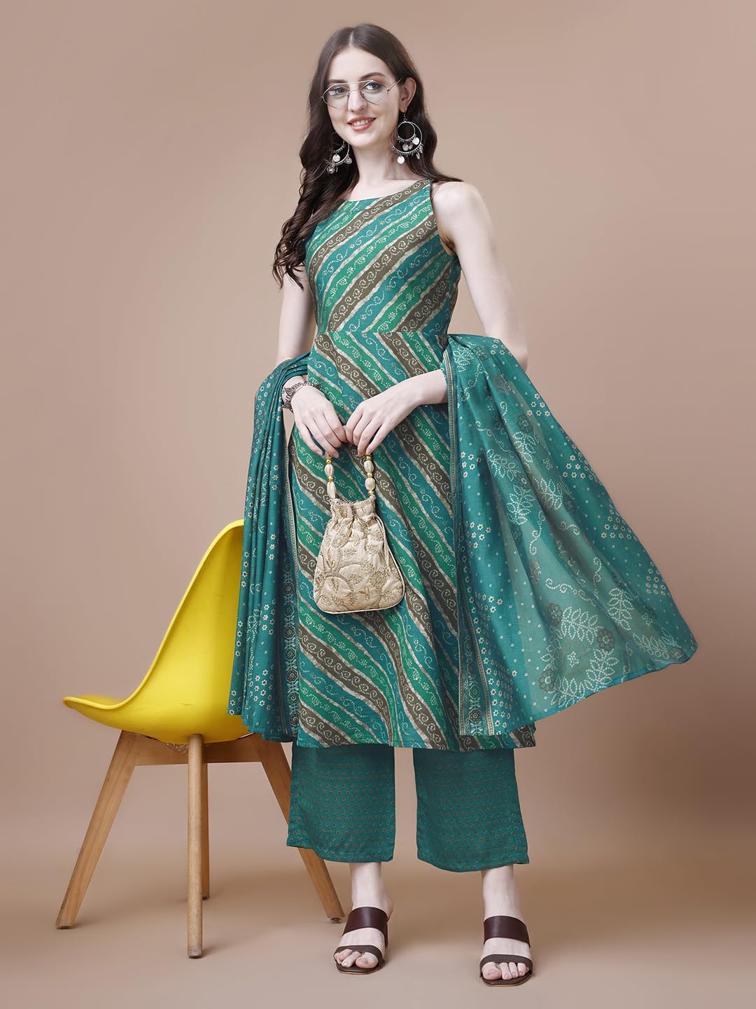 Pratham Blue Kurta Set For Women Cotton Blend Anarkali Printed Kurta Set For Women With Palazzos And Dupatta (Pb-6010-Xl_Green)