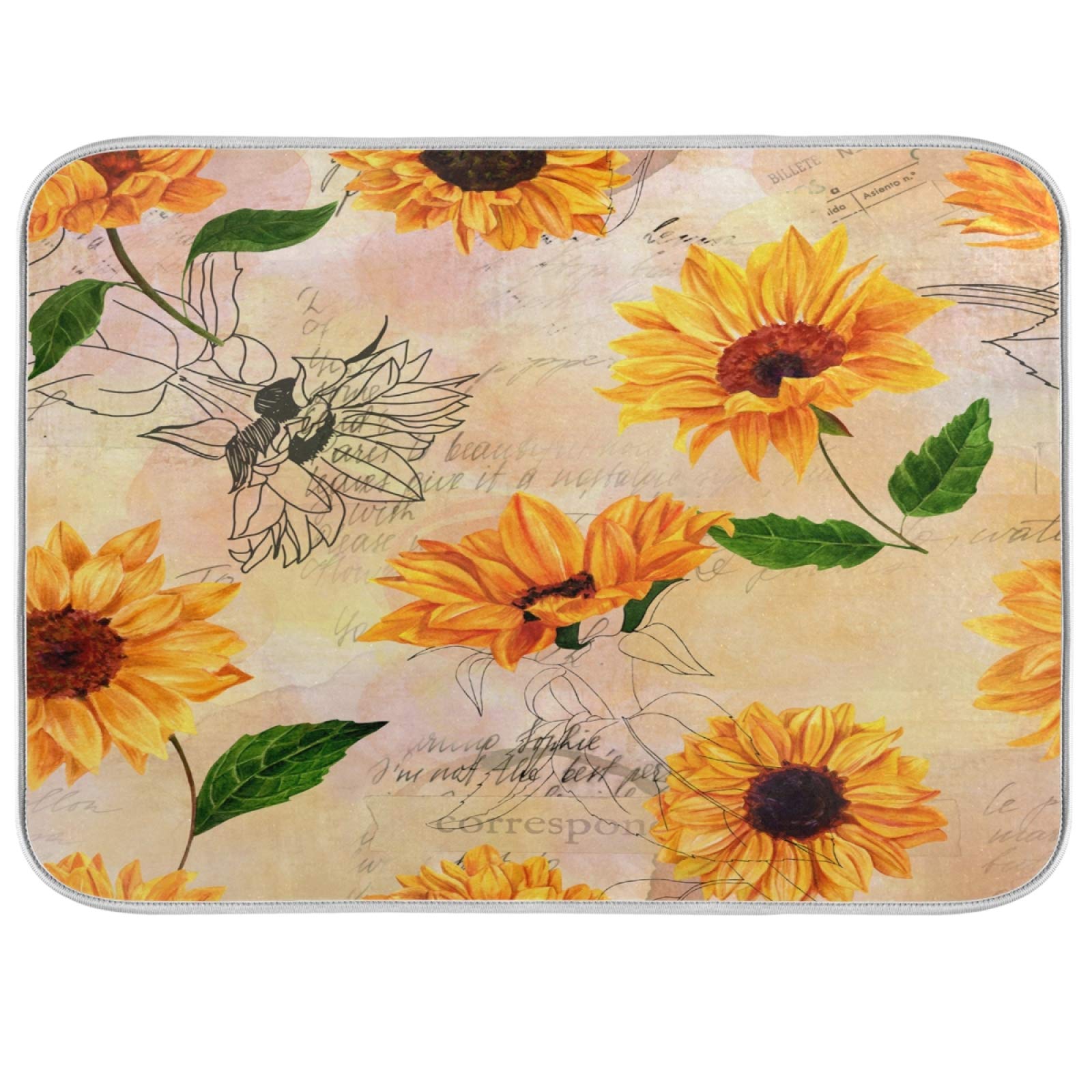 Dish Drainer Mat for Kitchen Counter Sunflower Dish Drying Mat 18 x 24 inch Dish Dry Mat Bottles Dish Dry Pad Protector for Kitchen Countertops