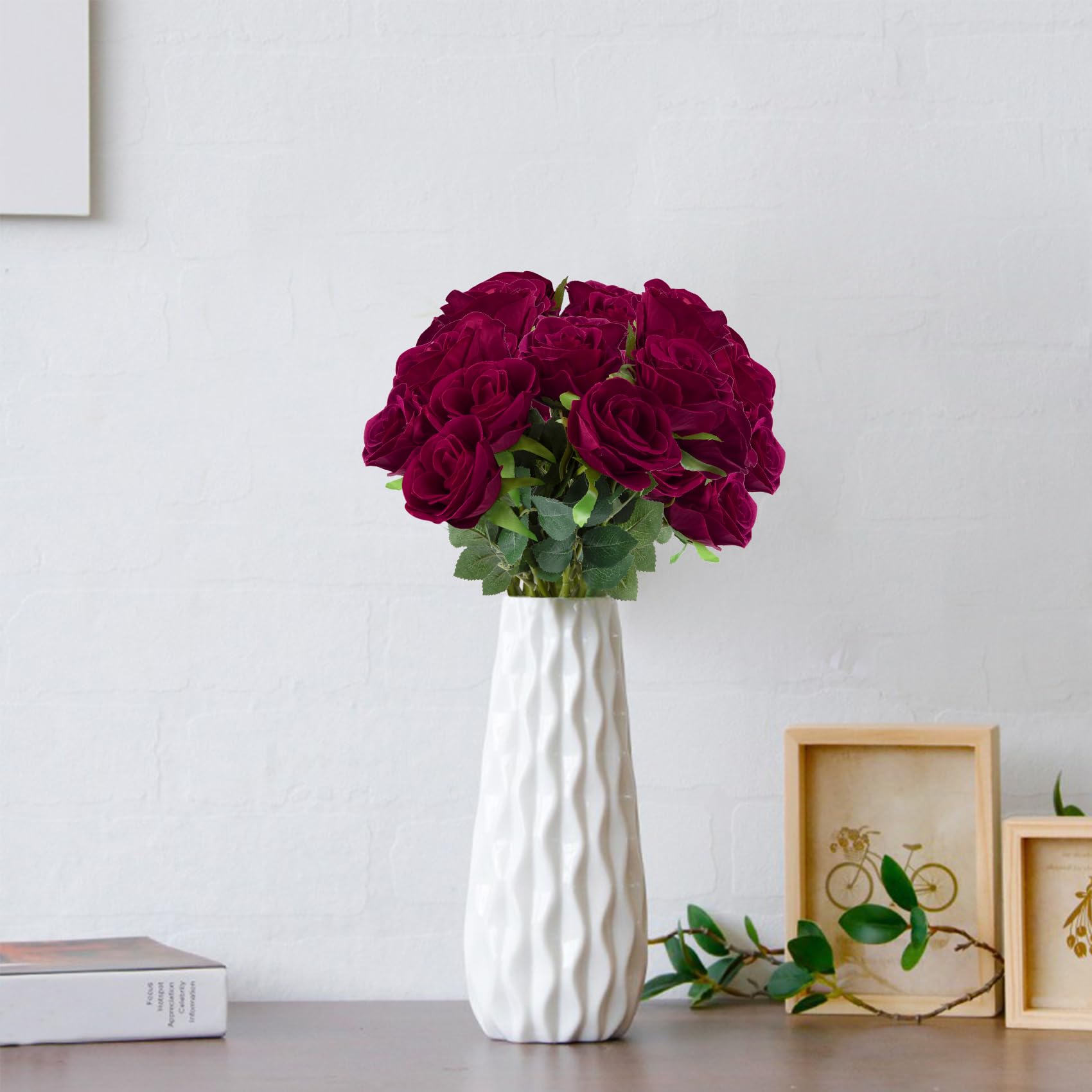 Woltoy 12 Pcs Dark Red Artificial Velvet Roses, Real Touch Fake Rose with Single Long Stem - Image 4