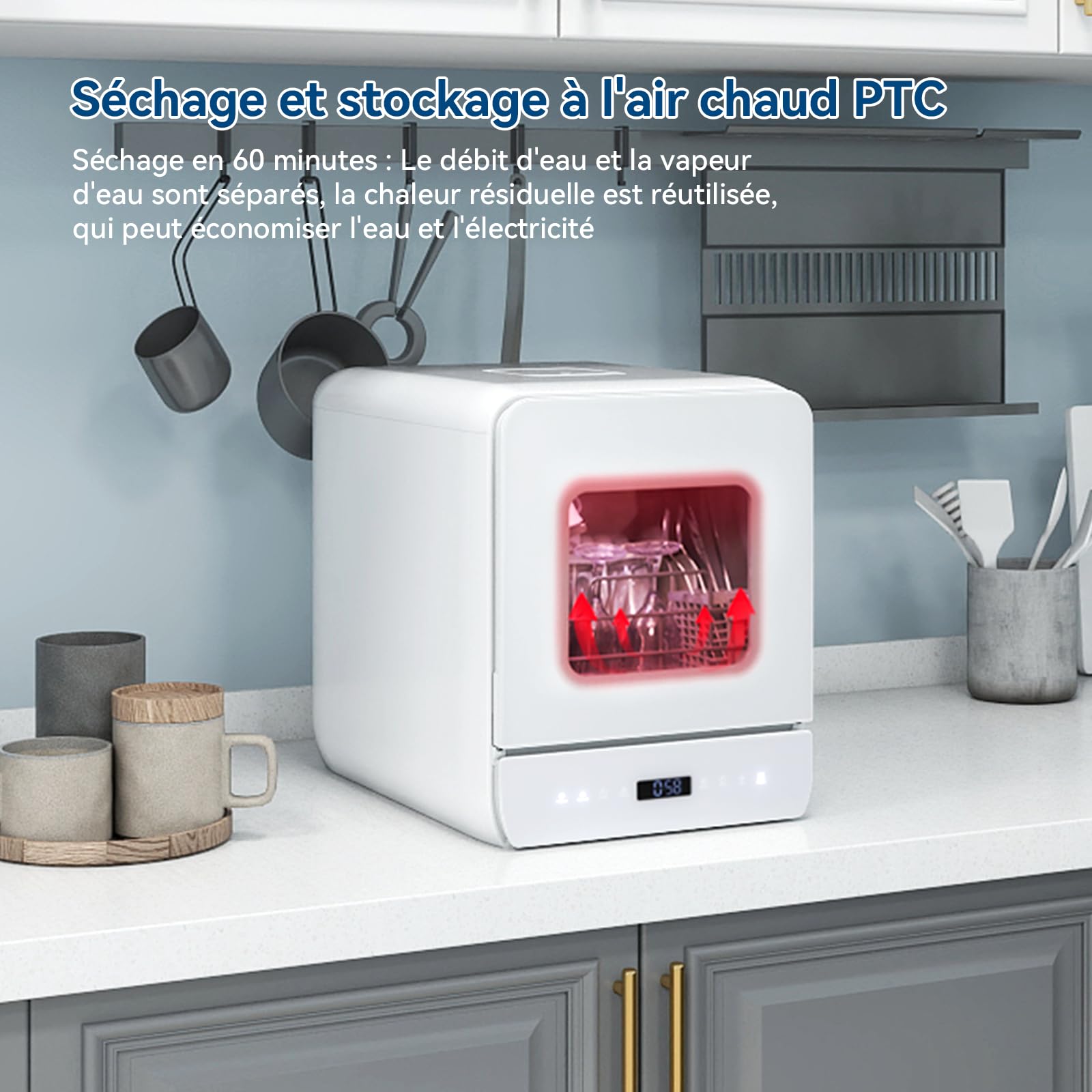 YU YUSING Mini Lave-vaisselle Compact 7 Programmes 37cm, Portable 3 Couverts, Réservoir 4.8L, Écran LED