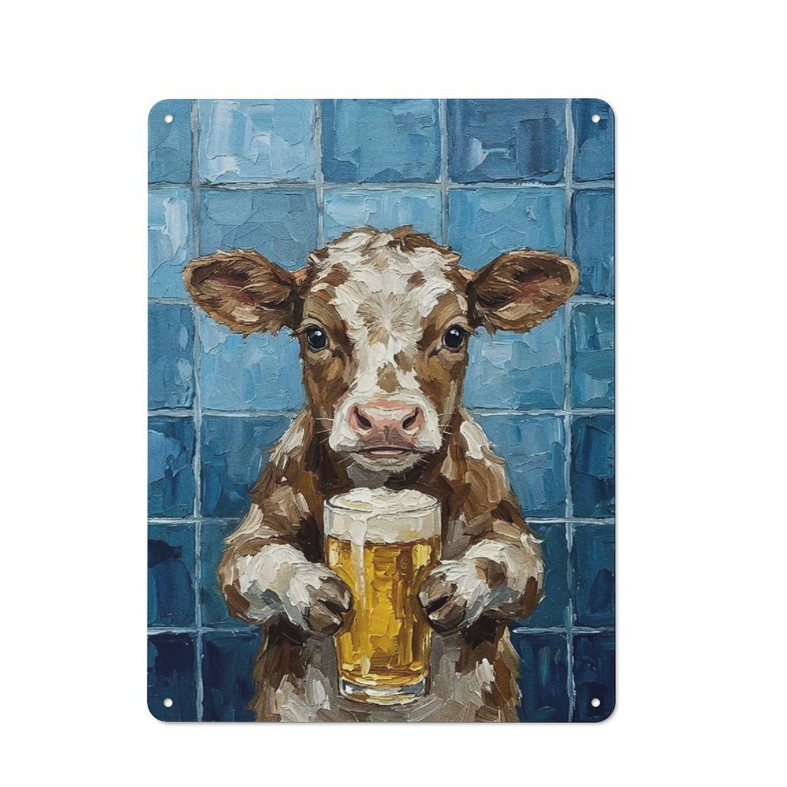 Junmoney Style-16 Vintage Metal Sign 40X30cm Featuring Cow Holding Beer Painting For Pub Or Café, Wall Decor For People Reorganising Pub And Café