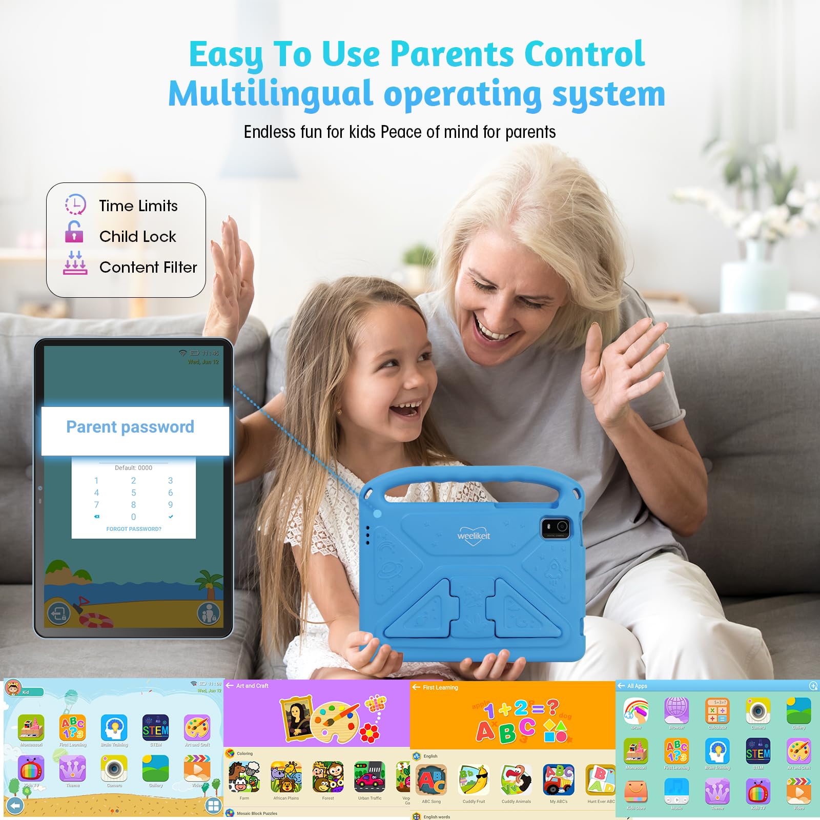 weelikeit Tablet per bambini aggiornato 2024 da 10 pollici Android 14 con custodia, 8 (4+4) GB di RAM 128 GB di ROM, Bluetooth WLAN, controllo bambini, schermo HD, batteria da 6000 mAh, blu
