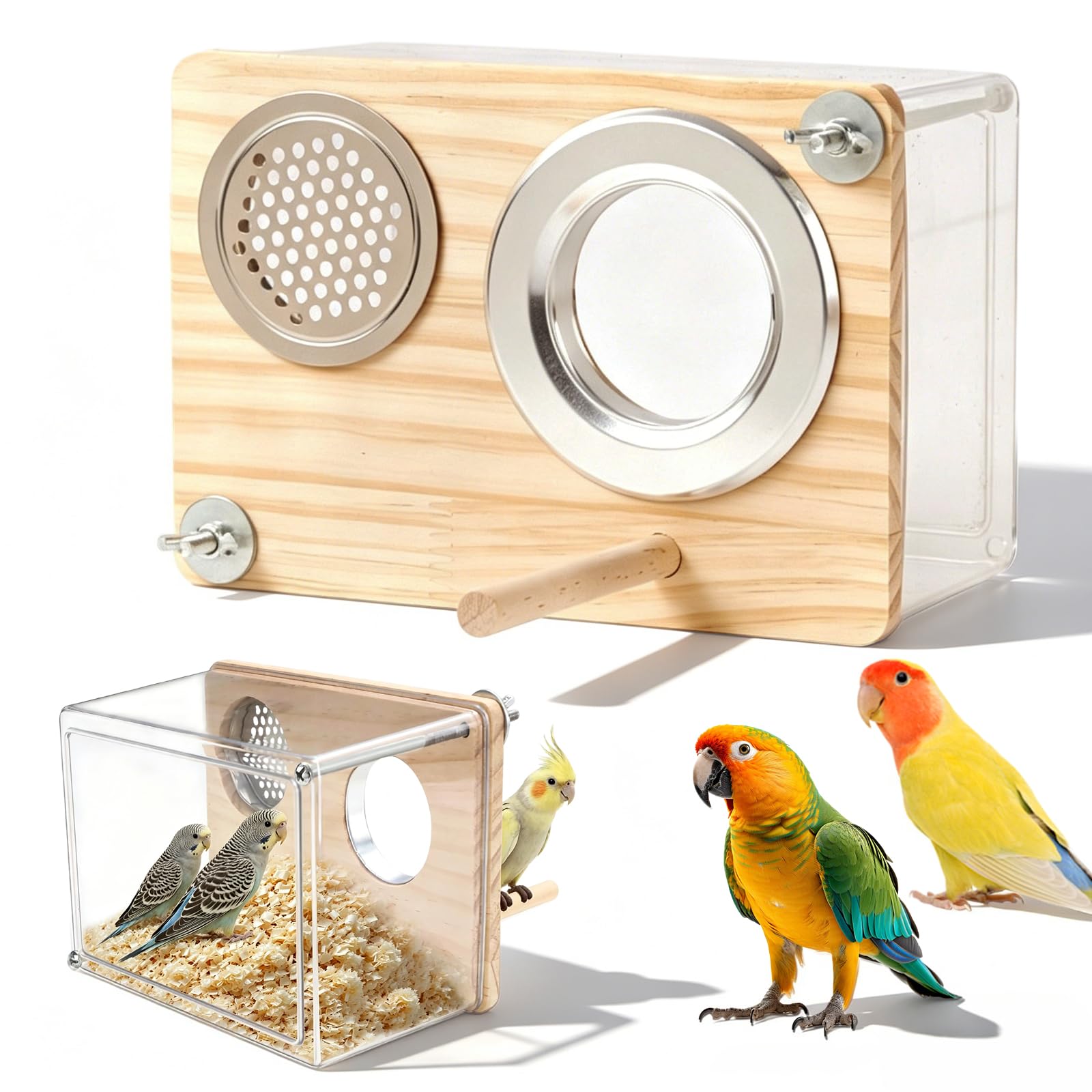 RFYTDCF Budgie Nesting Box with Perch, Transparent Window Bird Nesting Box Wood Birds Cage House Breeding Boxes for Lovebirds Finches Parrots Canaries