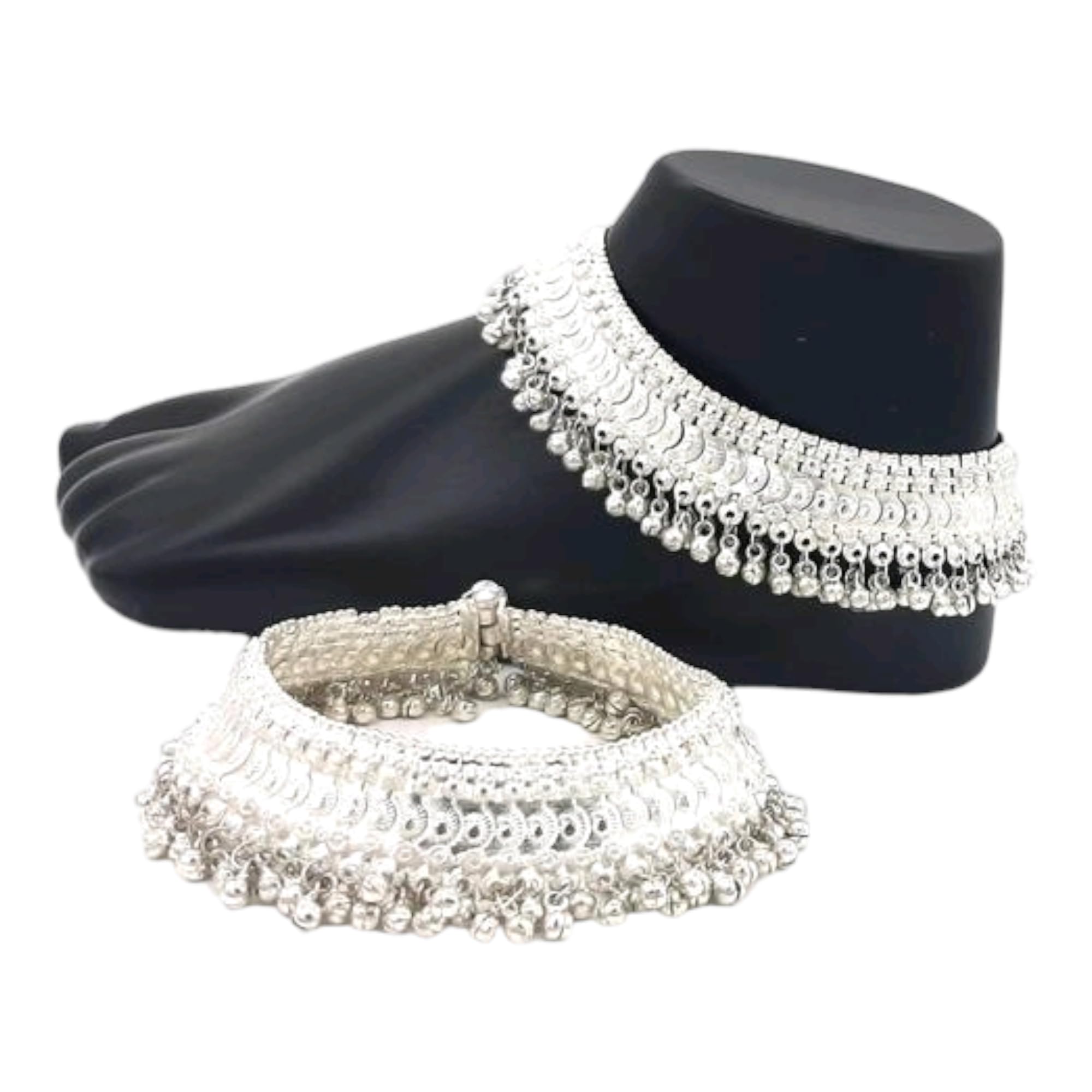 oberlo White Alloy Silver Metal Stone Studded Heavy Ghungroo Anklet for Women's-picture-1