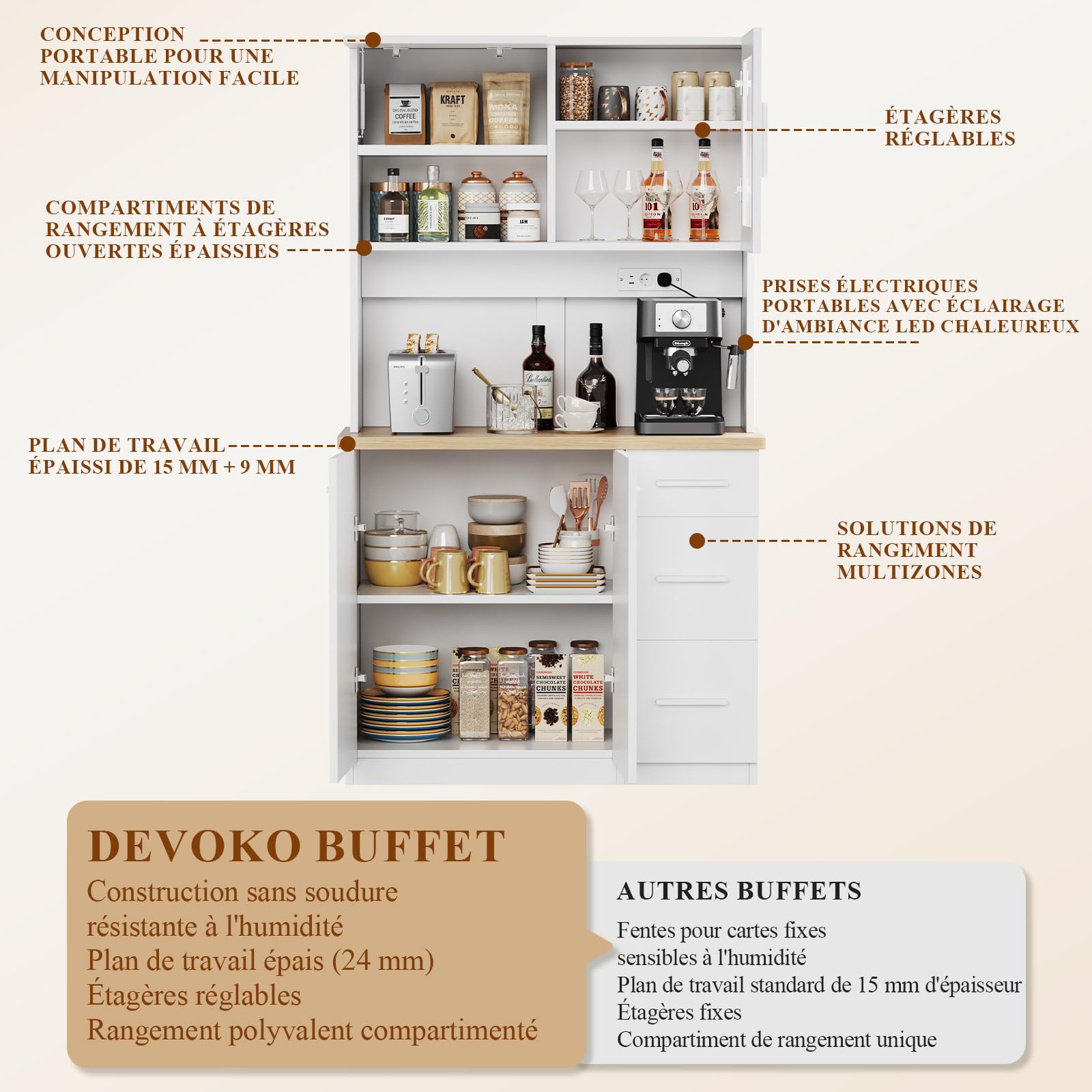 Devoko Mobile da cucina, credenza, armadio alto con prese di corrente e strisce LED 3000 K, con piano di lavoro da 24 mm, ripiani regolabili, 3 cassetti, 100 x 40 x 182 cm (Bianco)