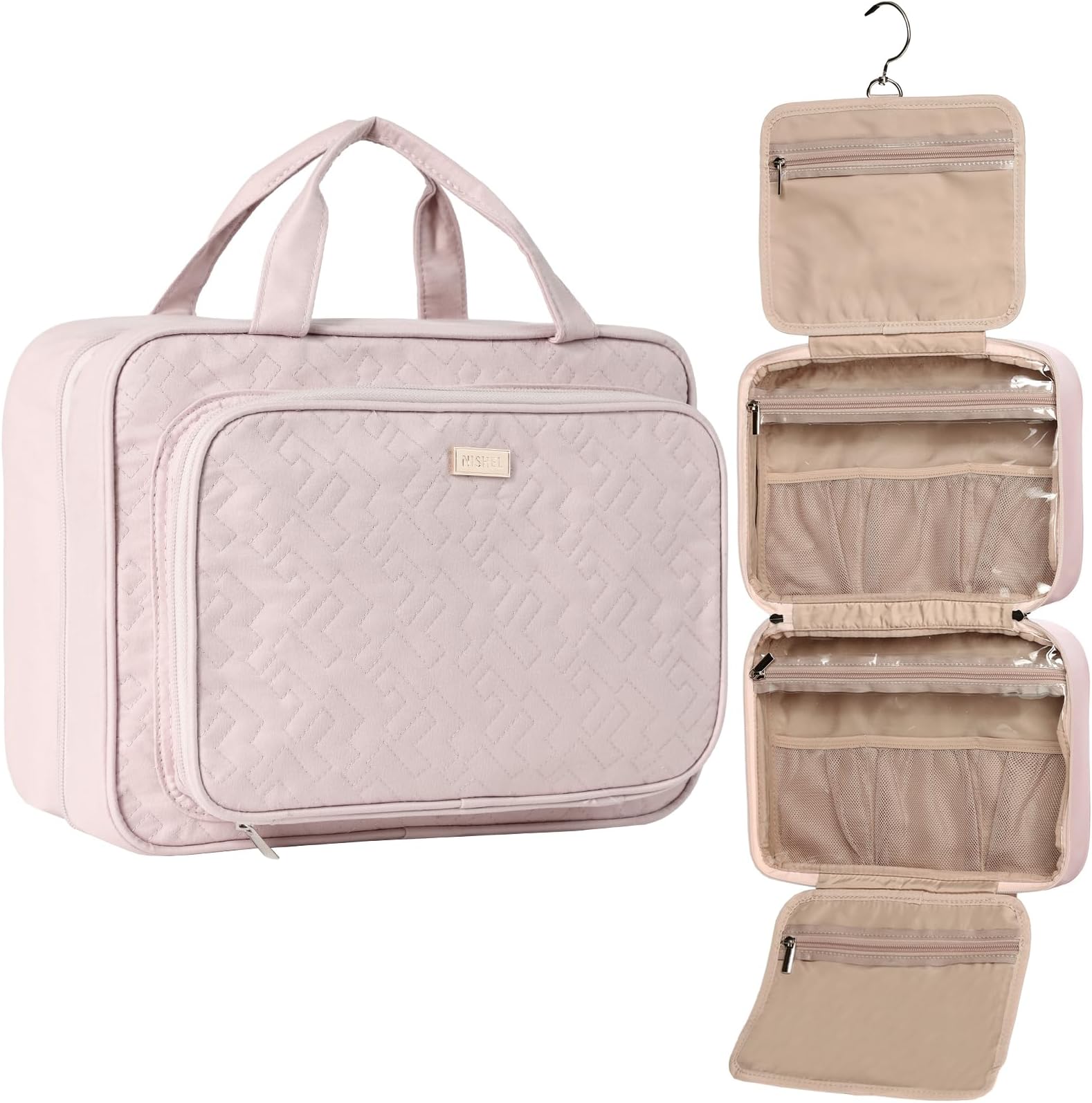 - NISHEL Hanging Travel Toiletry Bag, Visible Makeup Organizer, Cosmetic Case for Journey Accessories, Bathroom Shower, Pink