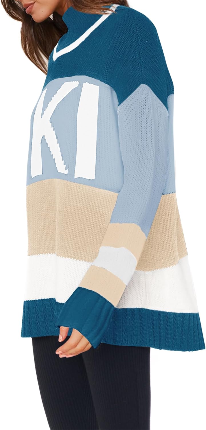 Yousify Womens Sweaters Fall 2025 Oversized Color Block Ski Sweater Crewneck Winter Tops S-2XL - Image 2