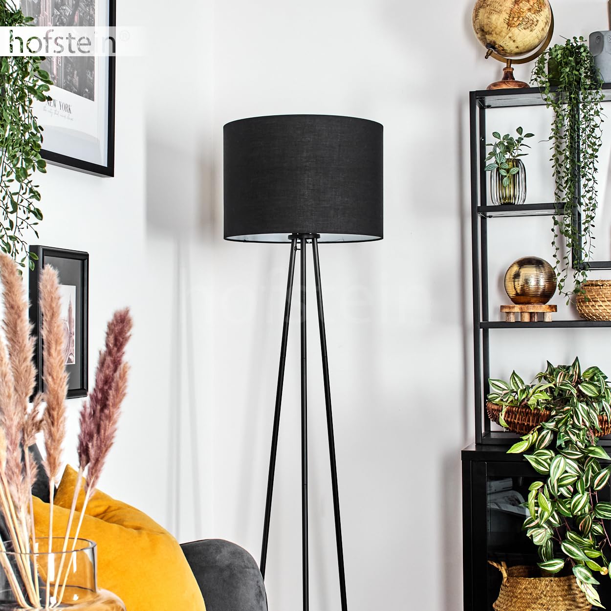 HOFSTEIN Stehleuchte Bassagoda, Stehlampe aus Metall/Stoff in Schwarz/Weiß, Leuchte im modernen Design mit rundem Schirm Ø 40 cm und Fußschalter, Höhe 152 cm, 1 x E27, Wohnzimmer, Schlafzimmer