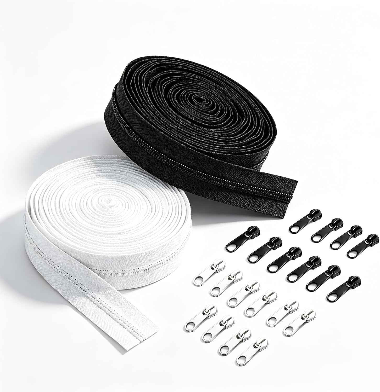 GEIKMED Nylon Long Zipper Tape for Sewing - 12 Pieces 66 Yards Zippers #5 by The Yard with 120pcs Bulk Metal Sliders - DIY Zipper Repair Kit & Replacement for DIY Bags, Purses, Tailor Crafts