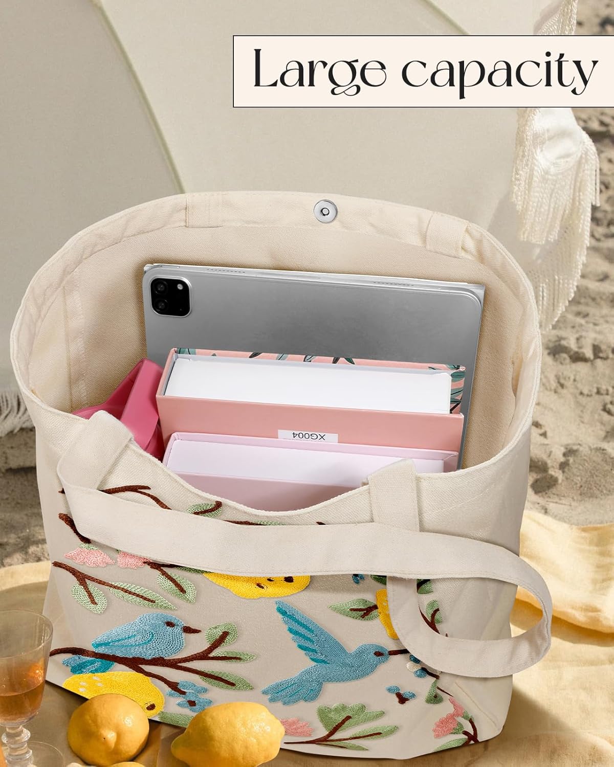 Embroidery Canvas Tote Bag for Women - Reusable Tote with Buckle Aesthetic Cute Shoulder Bag for Shopping, Grocery - Image 5