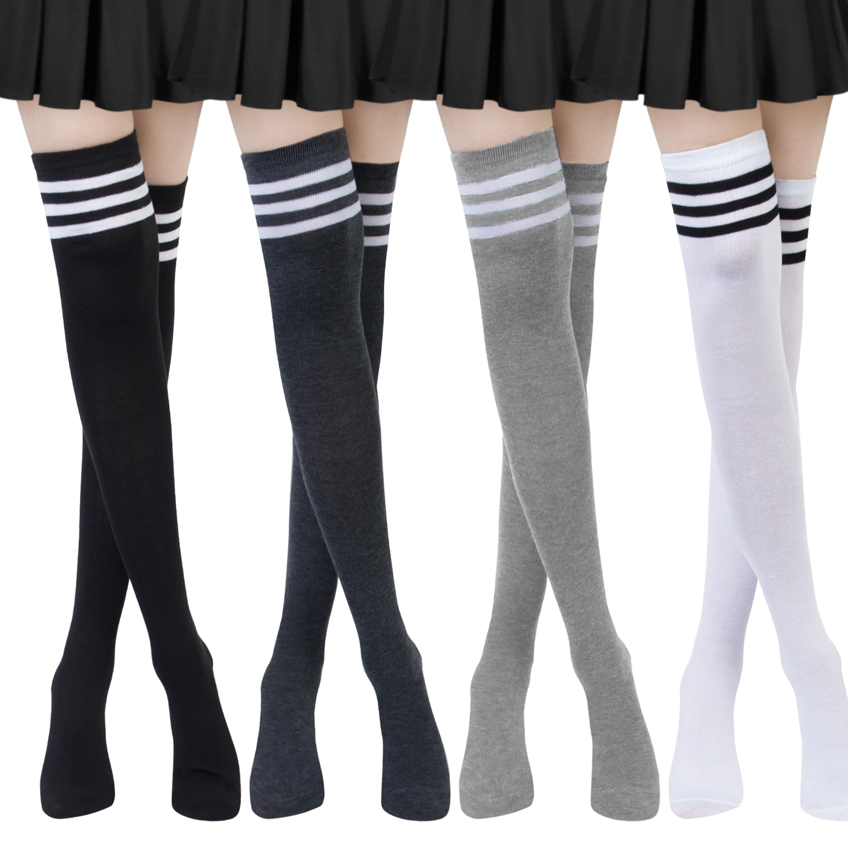 Apparel Womens Thigh High Socks Cotton Striped Over the Knee Socks Long Knee High Socks for Women(Z-white Dull Black 4 Pairs)