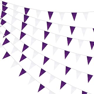 100 Feet Purple & White Pennant Banner Flags String Hanging Purple & White DIY Triangle Bunting Flags,Party Decorations for Grand Opening,Party Events Celebration,60 Pcs