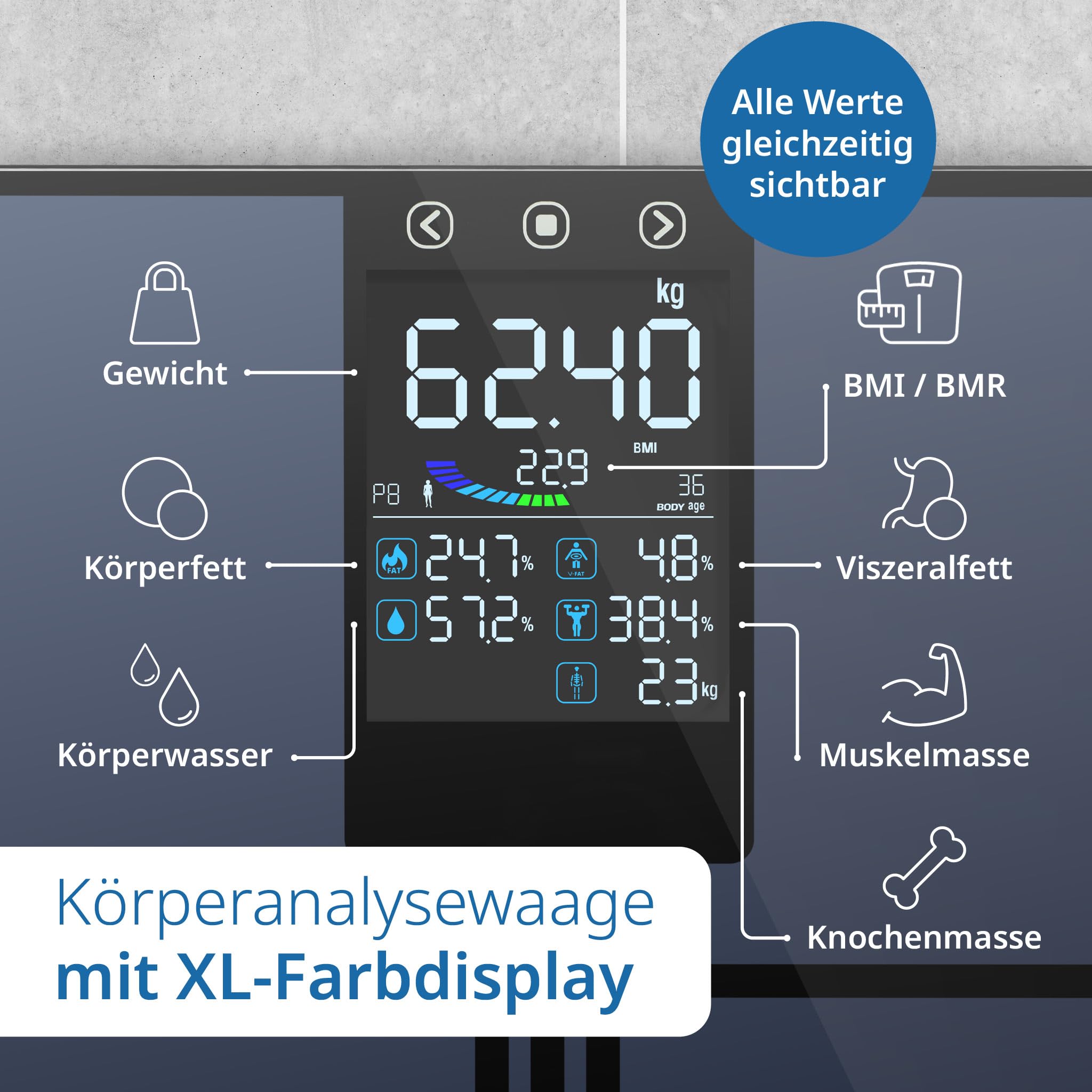 ADE Digitale Körperfettwaage mit großem Farbdisplay | alle Werte auf einen Blick | Körperanalysewaage bis 200 kg | Waage mit Körperfett und Muskelmasse | 8 Speicherplätze und Nutzererkennung | blau