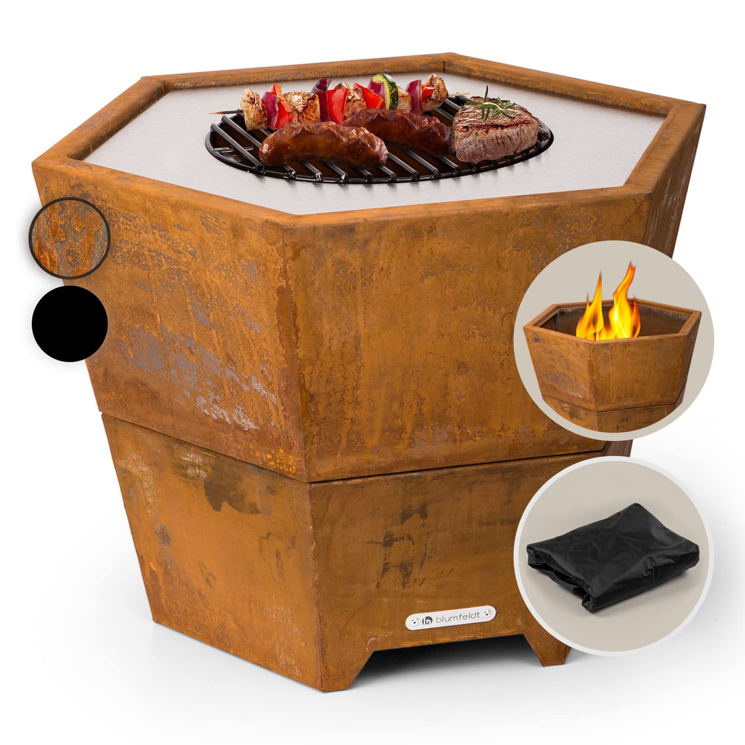 Blumfeldt Brasero Exterieur pour Le Jardin, Brasero Grill Barbecue Gril, Couverture Pluie, Bol en Acier, Brasero BBQ Hexagonal avec Foyer Camping, Brûleur à Bois, Résistant aux Intempéries, Tisonnier