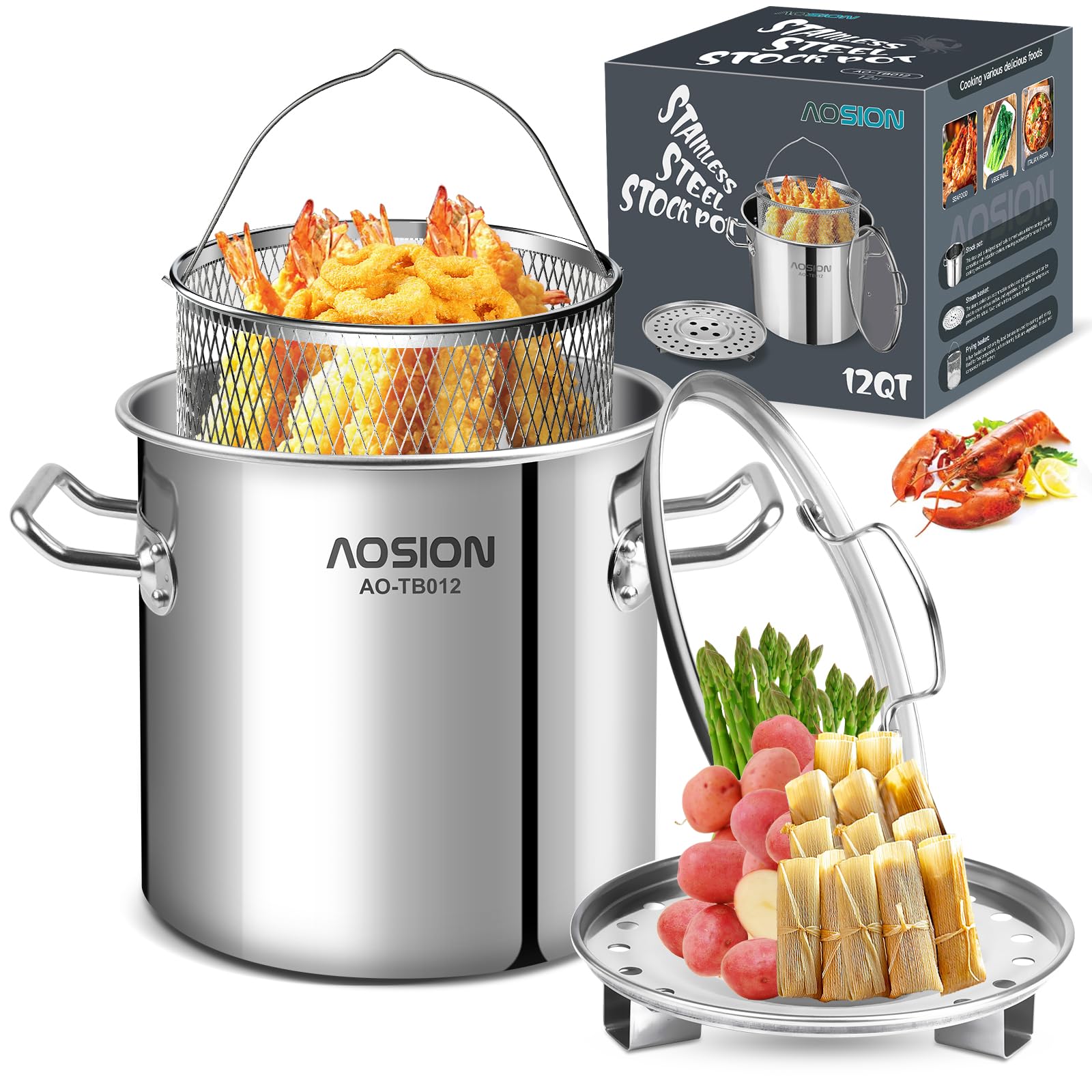 AOSlON 12 Quart Stock Pot with Lid, Stainless Steel Cooking Pot, Large Tamale Soup Pot, Pasta pot with Deep Fryer & Steam Rack for Seafood, Pasta, Dishwasher & Oven Safe