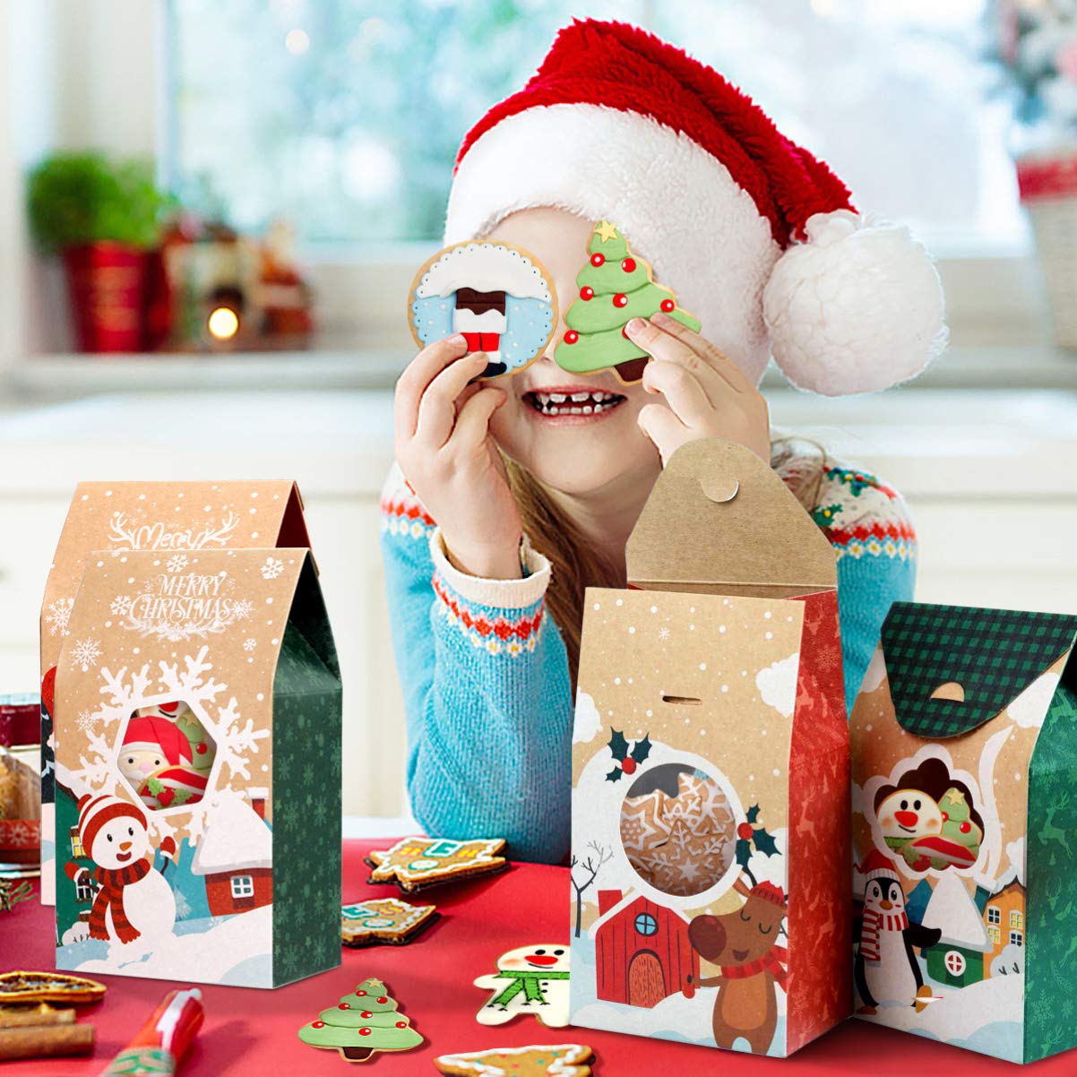 16Pcs Boîtes à Biscuits de Noël Boîtes à Bonbons en Papier Kraft Porte-Cadeaux Coffrets Cadeaux pour Les de Noël (11 x 7 x 19)