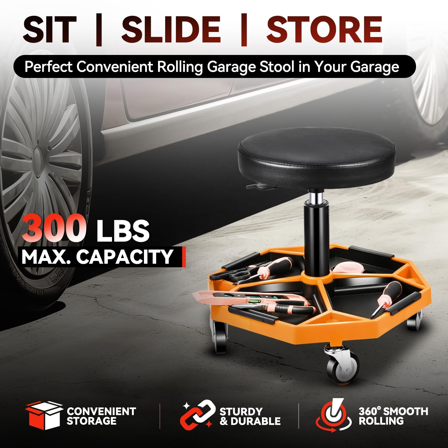 Auto Dynasty Taburete mecánico, asiento neumático ajustable con bandeja de herramientas, asiento de rodillo de 300 libras para reparación de automóviles de taller, altura ajustable de 15.7 a 21