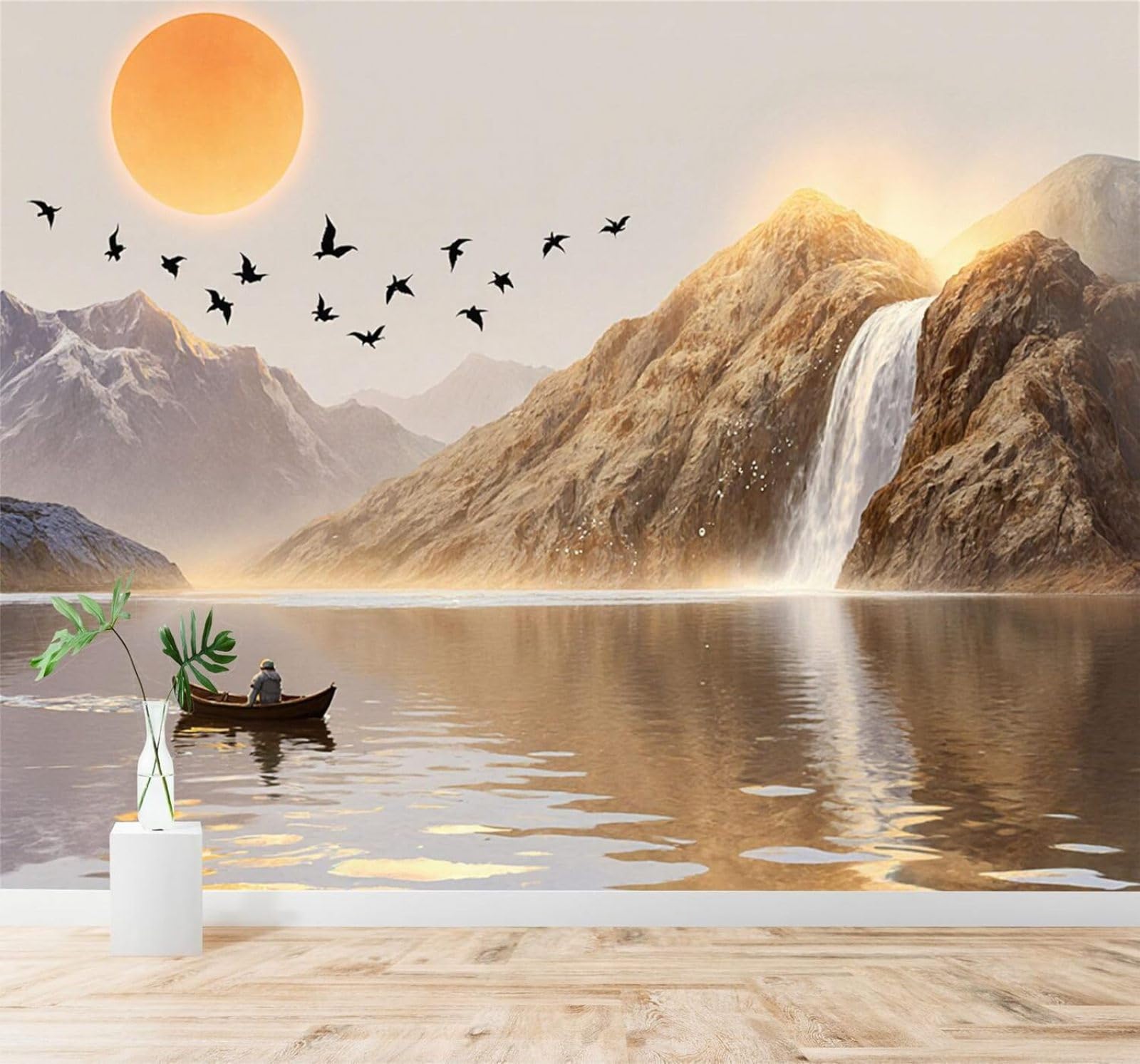 Xlming 150Cm×105Cm(B×H) Golden Sunset Mountains Waterfall Lake Boat 3D Wallpaper Premium Textured Silk Study Dining Living Room Bedroom Sofa Tv Wall Easy Install-150Cm×105Cm