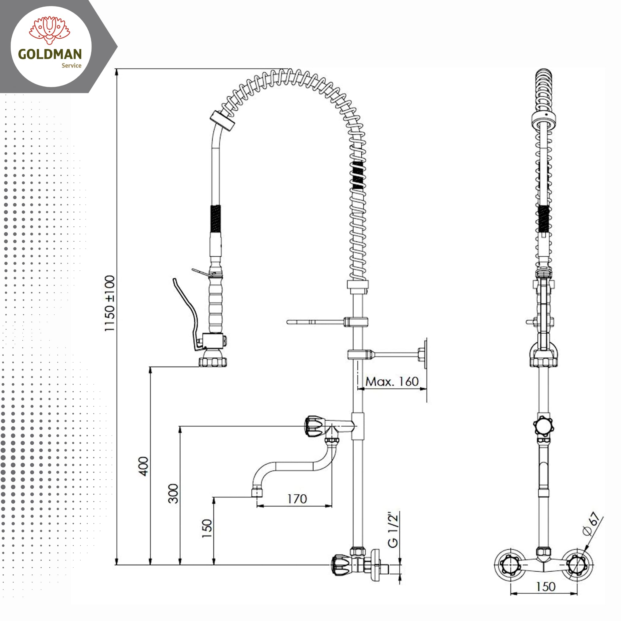 GOLDMAN SERVICE Grifo Pomo Industrial Hostelería de Pared Extensible para Fregadero Lavabo de Cocina con Spray Ducha