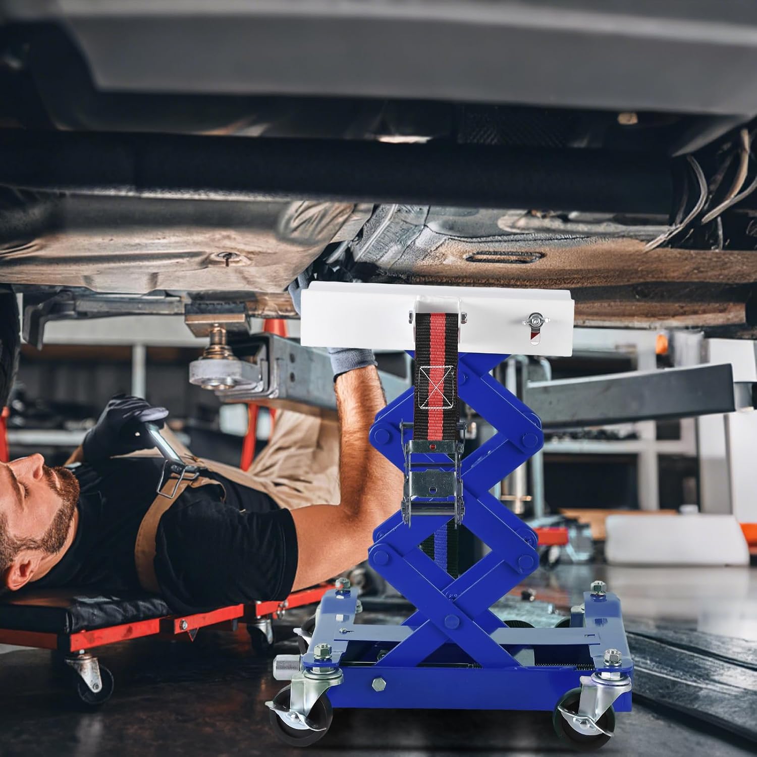 Garvee Transmission Jack 450 LBS Capacity: Low Profile Lift with 2M Safety Straps & 4 Brake Wheels, 7-23 Inch Range for Car & Truck Repair (Blue)