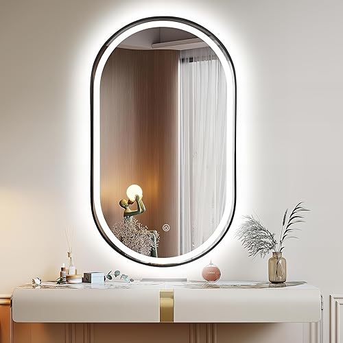 Oval LED Bathroom Mirror, 40"x24" Lighted Wall Mounted Vanity Mirror with Metal Frame, Anti-Fog IP66 Waterproof Smart Mirror, Memory Function, (Horizontal or Vertical), Black