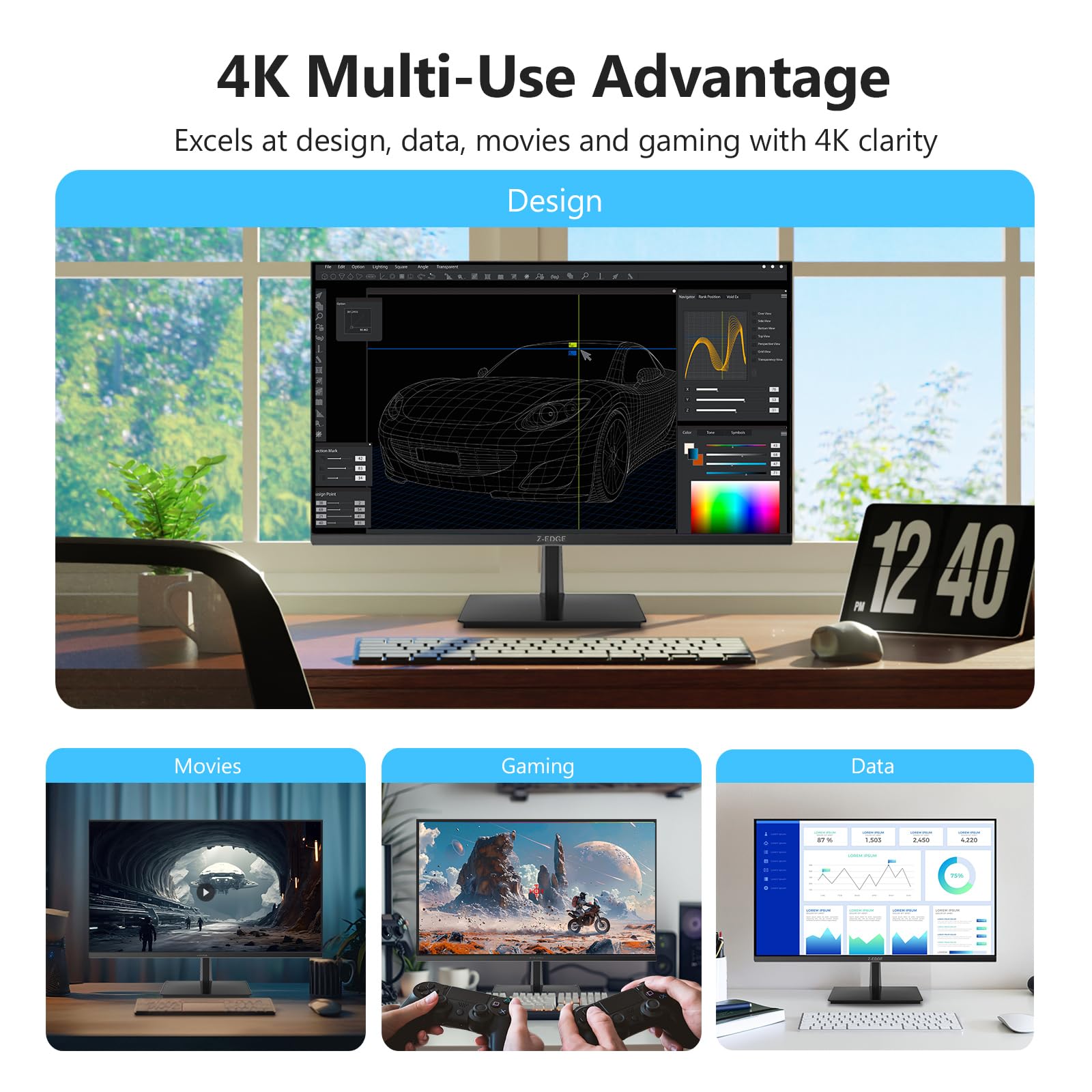 Z-Edge Écran PC 27'' IPS 4K UHD (3840x2160), Cadre Ultra Slim, FreeSync, Moniteur Bureau 16:9, 60 Hz, 5 ms, Inclinaison Réglable, Couleurs Ultra Réalistes, 2×HDMI2.0 & 2×DP1.4, VESA 100 * 100mm - 4