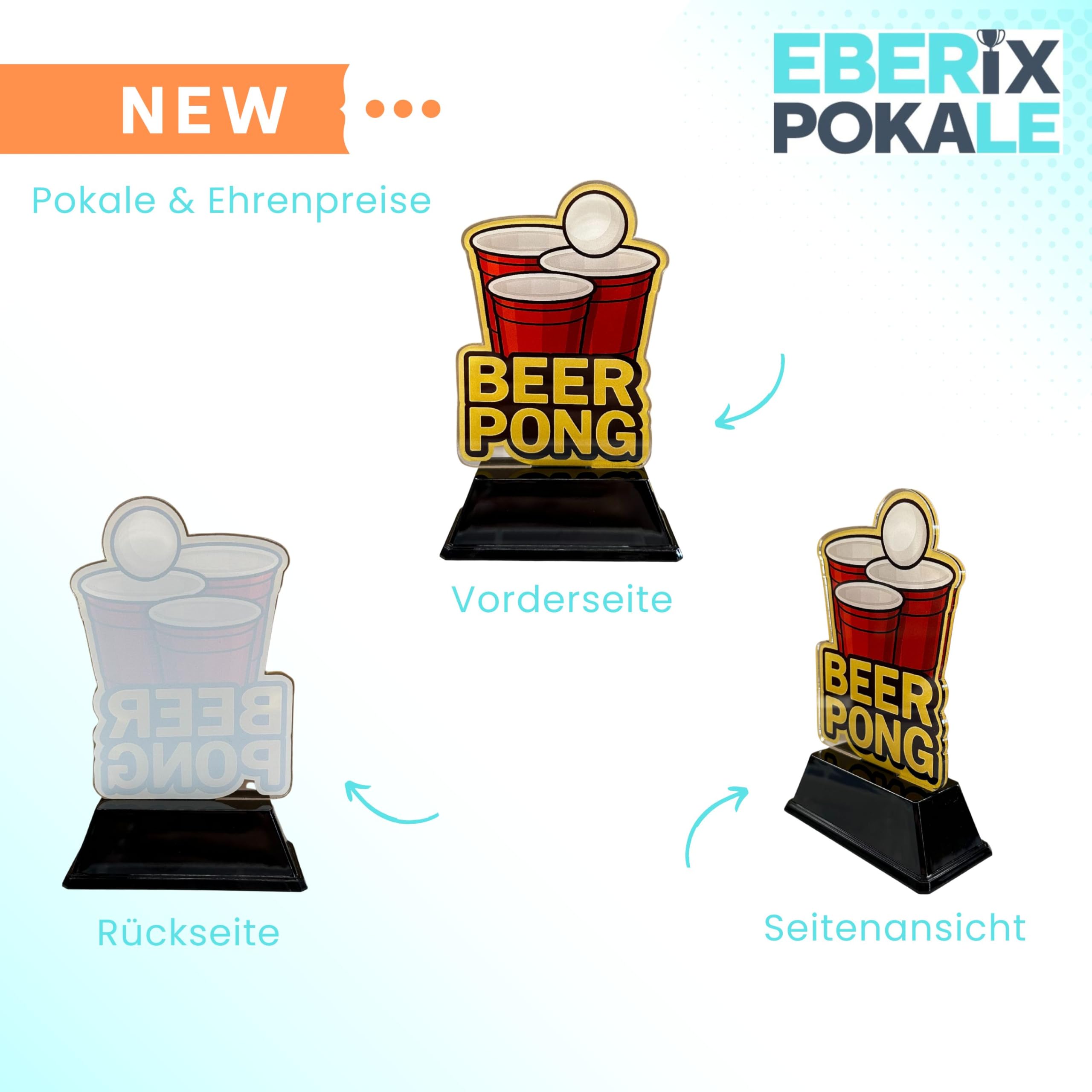 Beer Pong Acryl Pokal 15 cm hoch – Trophäe mit Gravurschild – Award für Partyspiele & Fun Events – personalisierbar