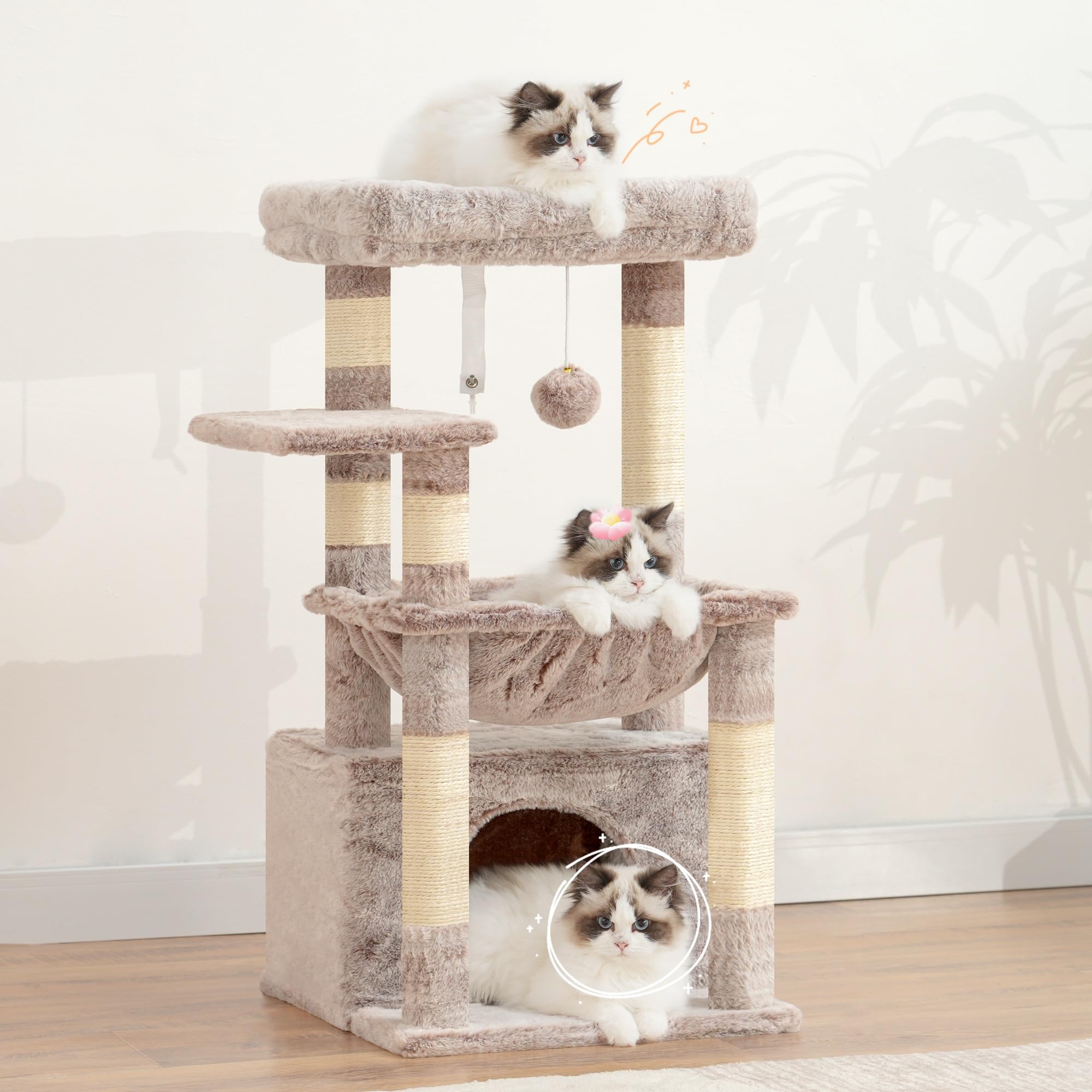 Heybly Albero per Gatti, con Cestino Extra Grande e Morbido, Letto Spazioso, Posto Letto Nascosto, Colonne in Sisal Robuste e Palla di Peluche, Beige Marrone HCT008SMU