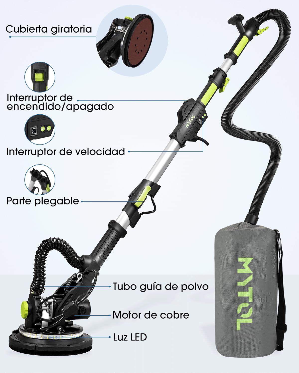 MYTOL Lijadora Jirafa con Aspirador, 900W Eléctrico Lijadora de Pared Mango Plegable Extensible, 6 Velocidades Ajustables Máximo1800U/min, Luz LED, 12 Discos Lijado