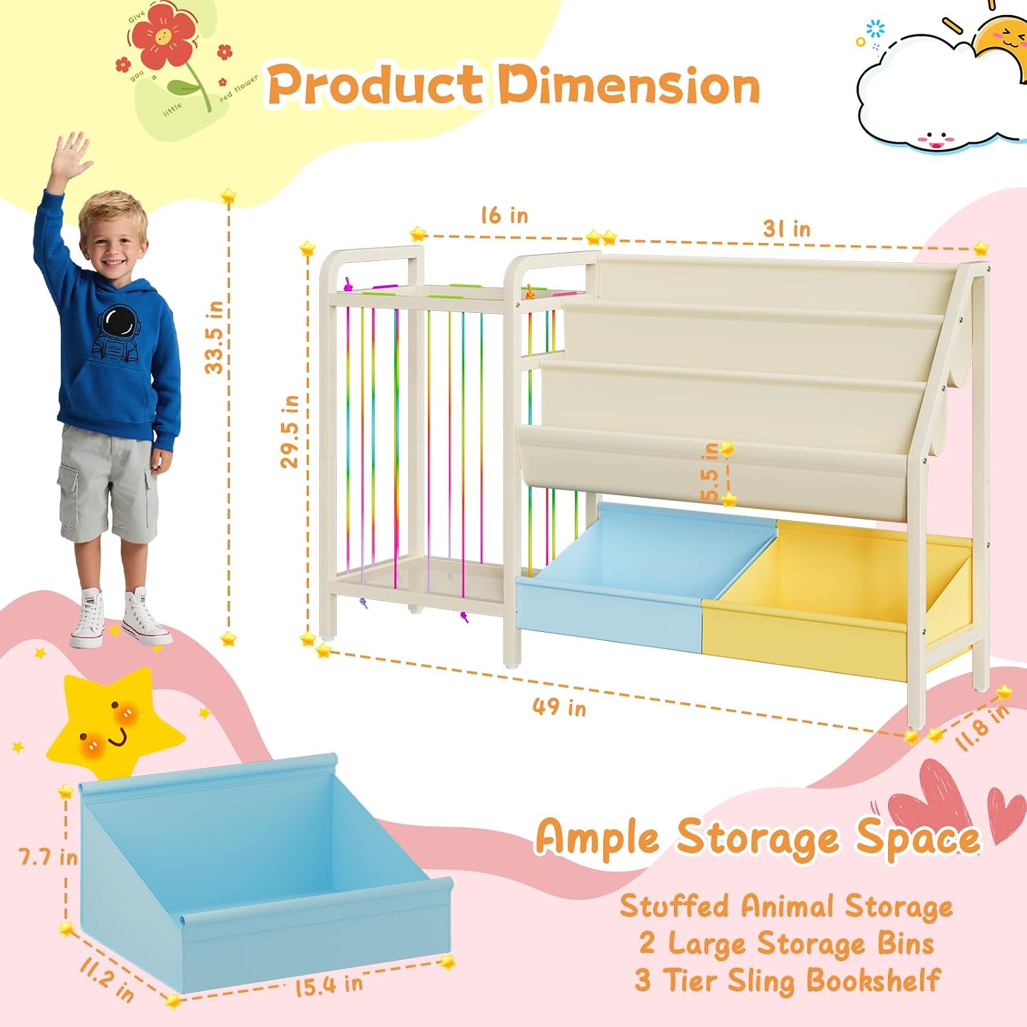 B5 Kids Bookshelf and Toy Storage, Book Shelf for Kids Rooms, Sling Toddler Book Shelves with Stuffed Animal Storage, Montessori Baby Bookcase for Nursery, Bedroom, Playroom, Blue and Yellow