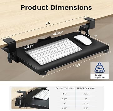 Keyboard Tray Under Desk, Slide Out Computer Keyboard & Mouse Tray with C Clamp-on Mount Easy to Install,24 W(Including Clamps) X 12D Small Size,Black