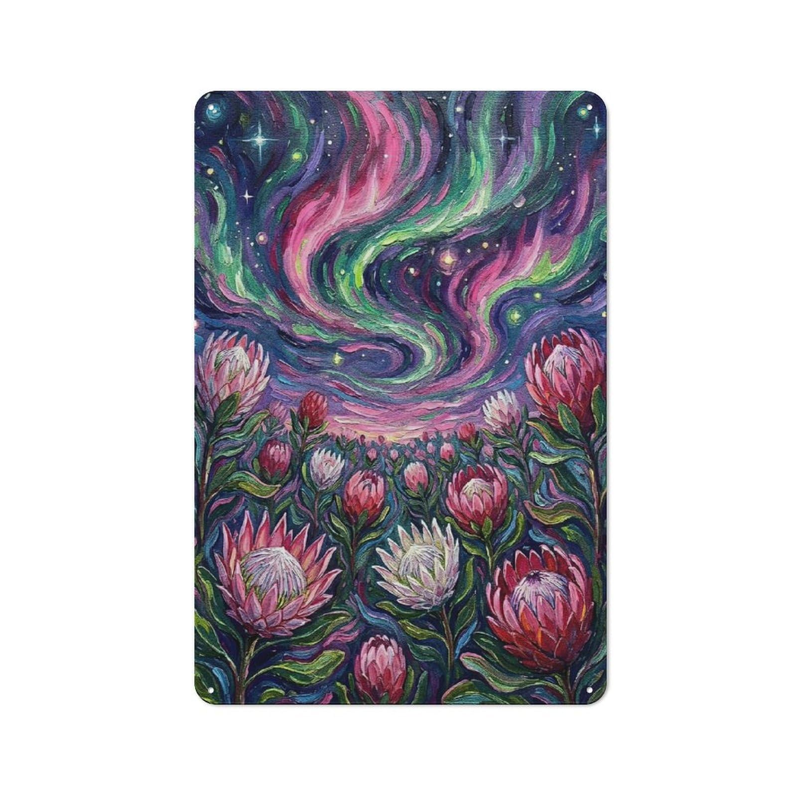 Junmoney Style-19 Protea Field Under Aurora Borealis Painting Vintage Metal Plaque 30X20cm For Living Room Wall, Suited To Living Room Decor Lovers