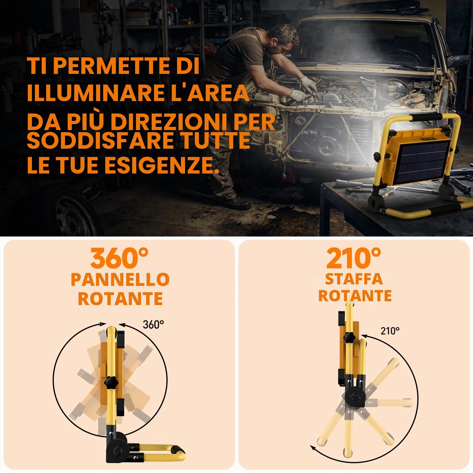 Faretto LED da Cantiere Portatile Solare 100W, 120 LED Luce da Lavoro Rotazione 360°, 4 Modalità 14000mAh Batteria USB Ricaricabile Impermeabili Power Bank per Riparazioni Auto, Officina, Campeggio