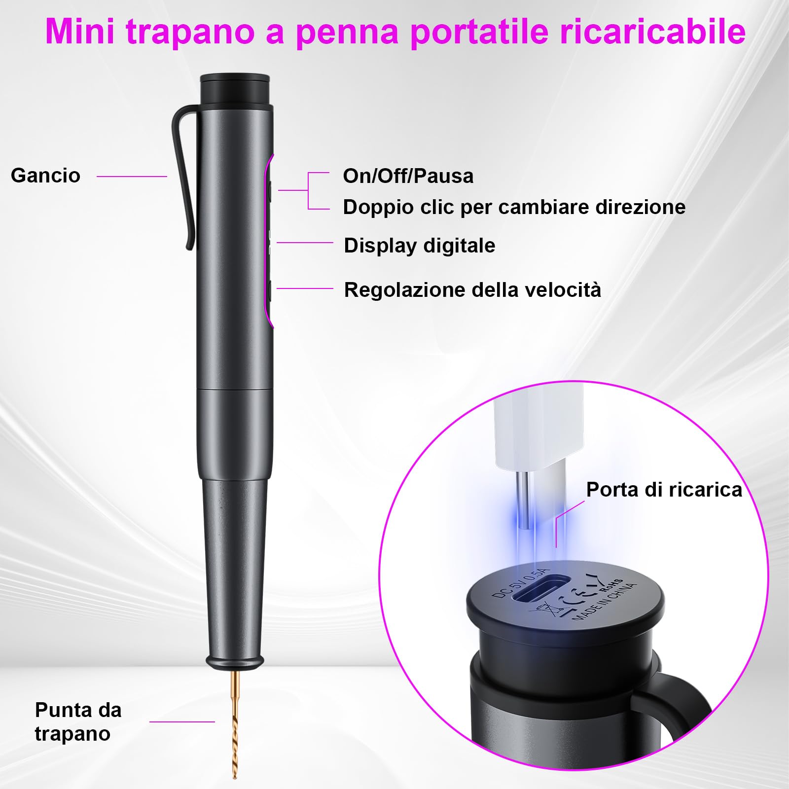 Mini Trapano a Mano, GuKKK 5 Velocità Mini Trapano Fai da Te Ricaricabile con 10 Punte, Penna Trapano Elettrico, Trapano Manuale per Modellismo, Legno, Resina, Creazione di Gioielli