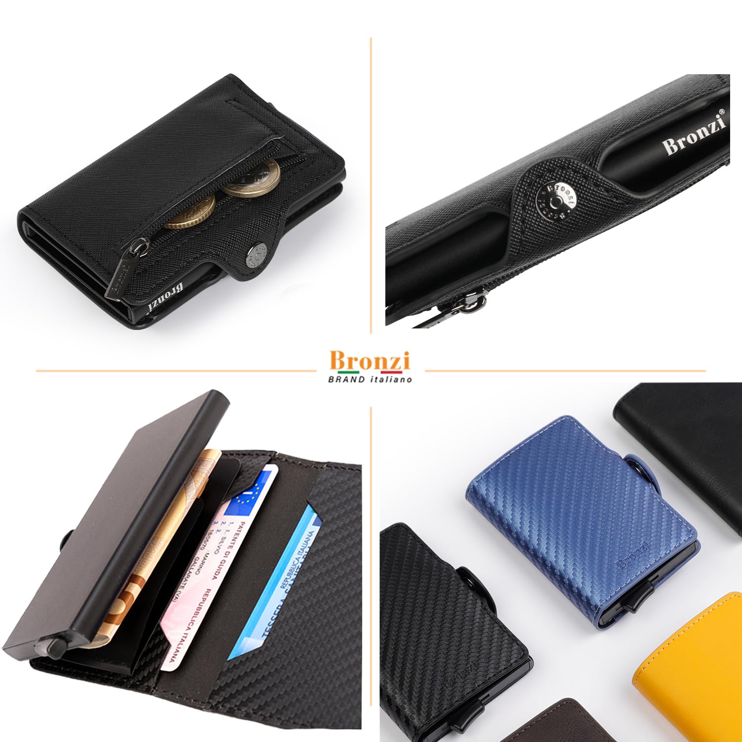 Bronzi Portafoglio Porta Carte Credito - Portafoglio Uomo Slim Portacarte uomo - Mini Porta Tessere - Protezione RFID - Design Smart Italiano Scatola Regalo inculsa (Nero Saffiano ZIP)